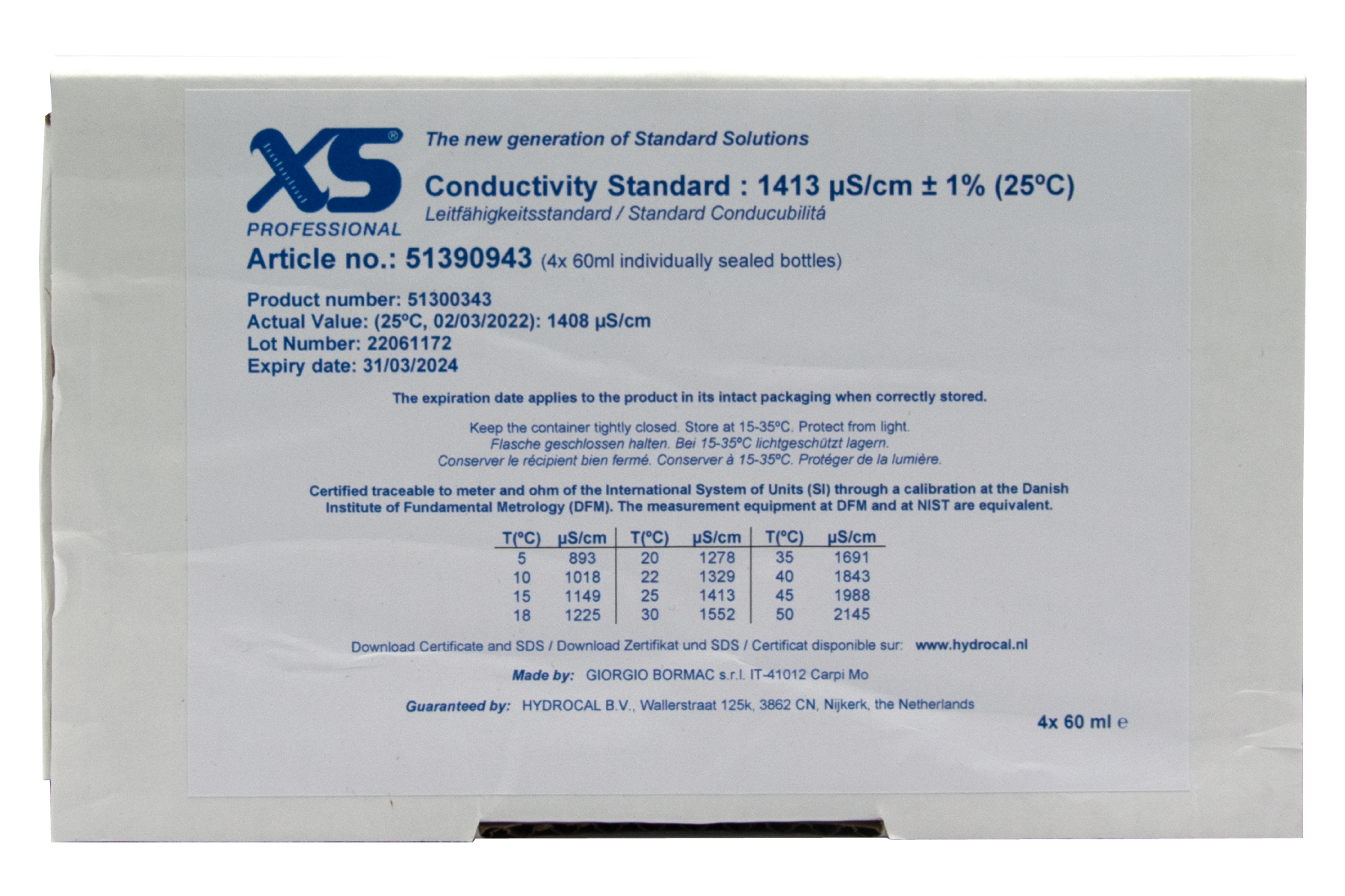 XS Professional 1413µS/cm - 4x 60ml Leitfähigkeitskalibrierlösung mit DFM Zertifikat