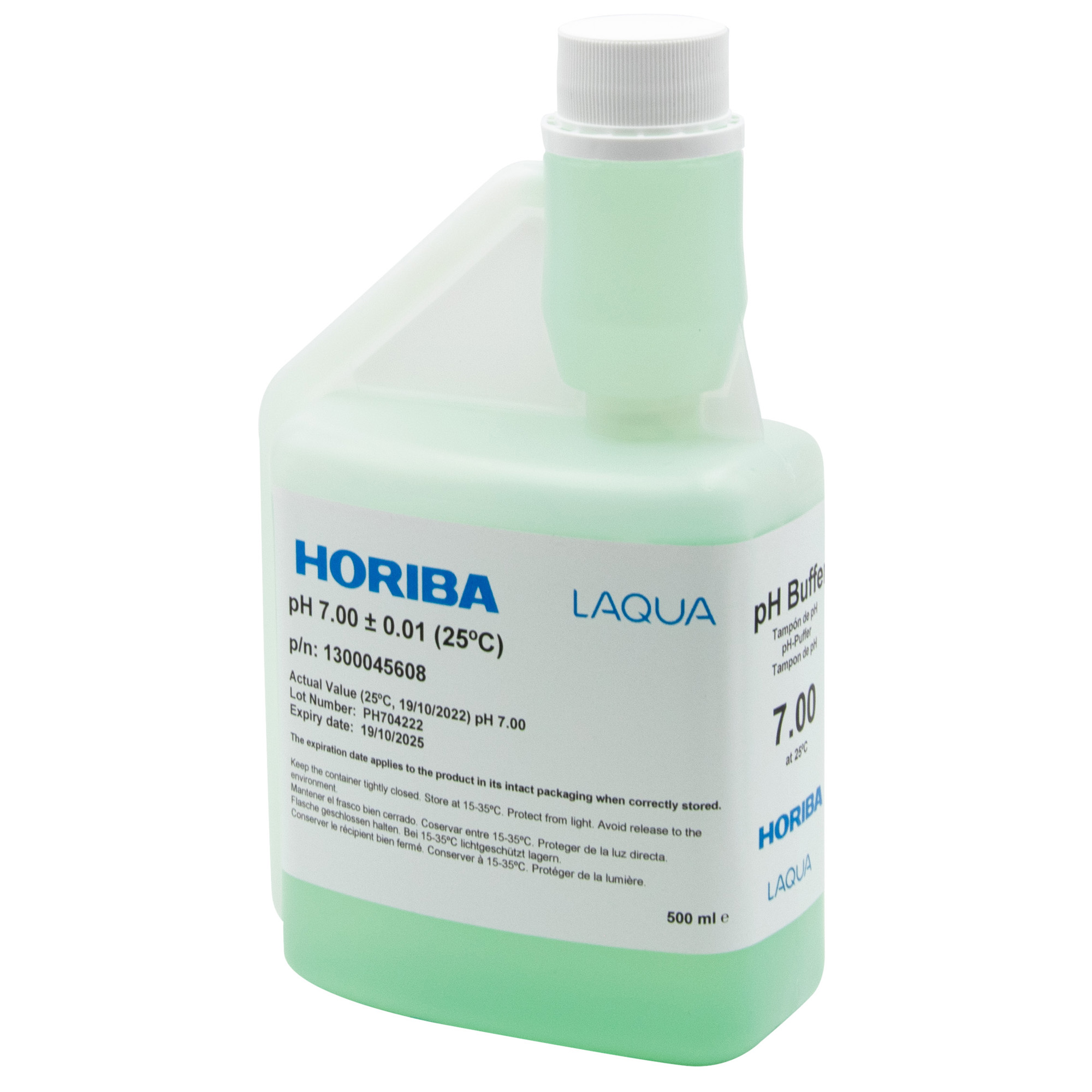 HORIBA pH 7.00 (±0,01pH @25°C) Pufferlösung 500ml (500-PH-7) HORIBA pH Pufferlösung 7.00, schräger Blick auf Flasche, Etikett partiell sichtbar