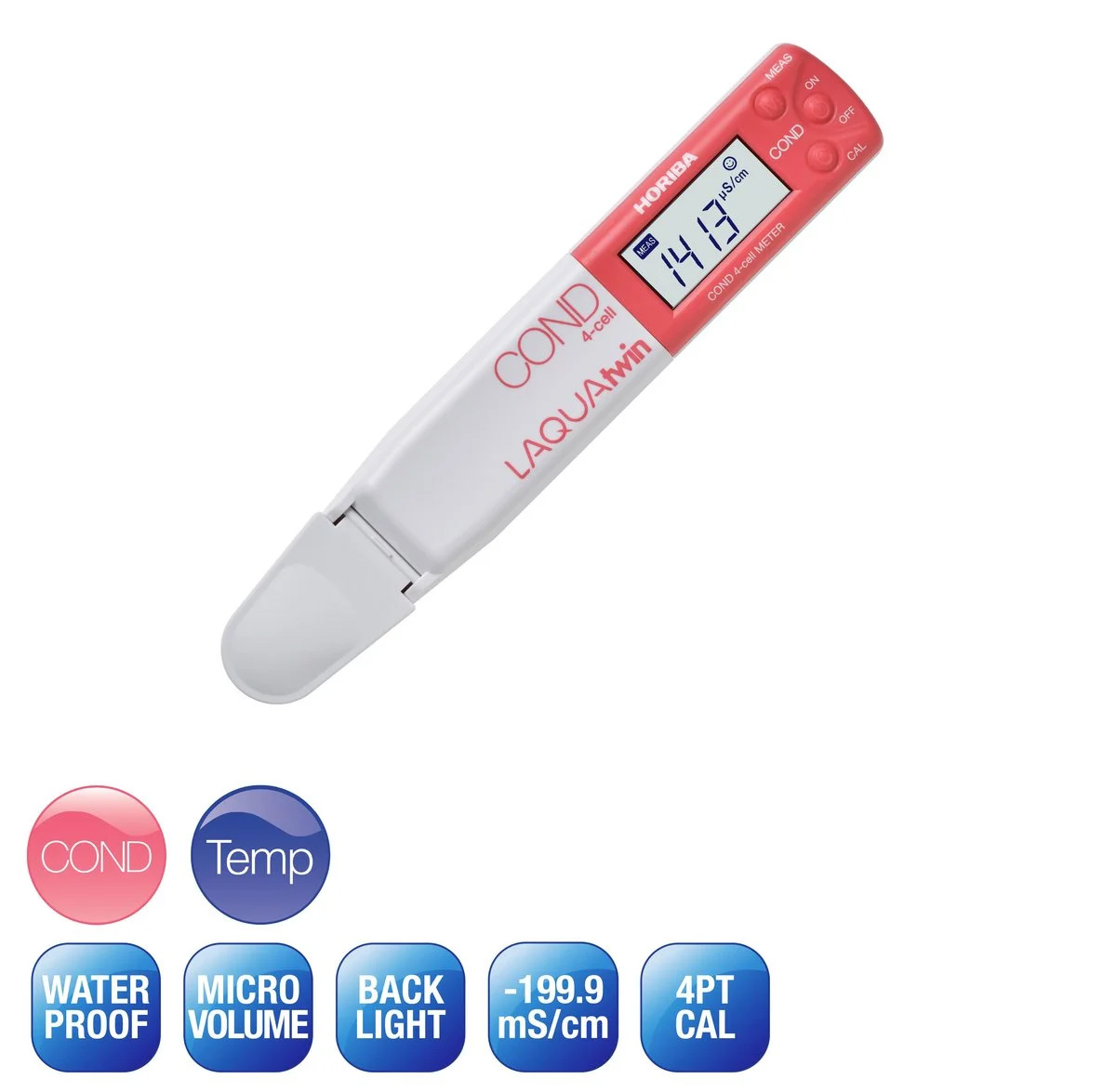 Horiba LAQUAtwin 4EC-22 Leitfähigkeitstester unsere Artikelnummer 896092. Zu sehen ist das Leitfähigkeitsmessgerät und eine Auflistung der Produkteigenschaften