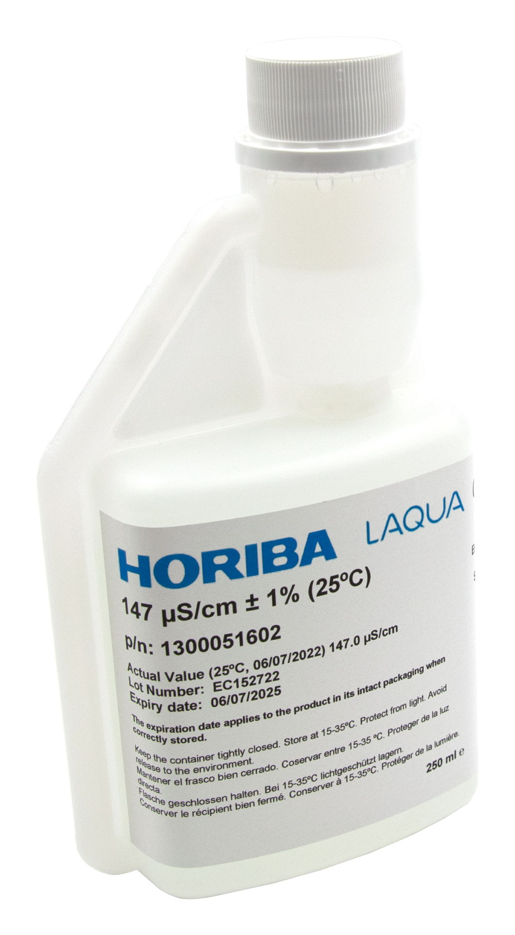 HORIBA 147 μS/cm Leitfähigkeitskalibrierlösung 250ml (250-EC-147) HORIBA 147 μS/cm Leitfähigkeitskalibrierlösung 250ml, schrägansicht vorne, Etikett mit Ablaufdatum sichtbar
