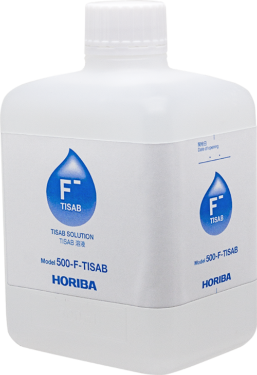 Horiba Fluorid Ionenstärkeregulierer, 500ml (500-F-TISAB) Horiba Fluorid Ionenstärkeregulierer Flasche Vorderansicht klare Kunststoffflasche mit blauem Etikett