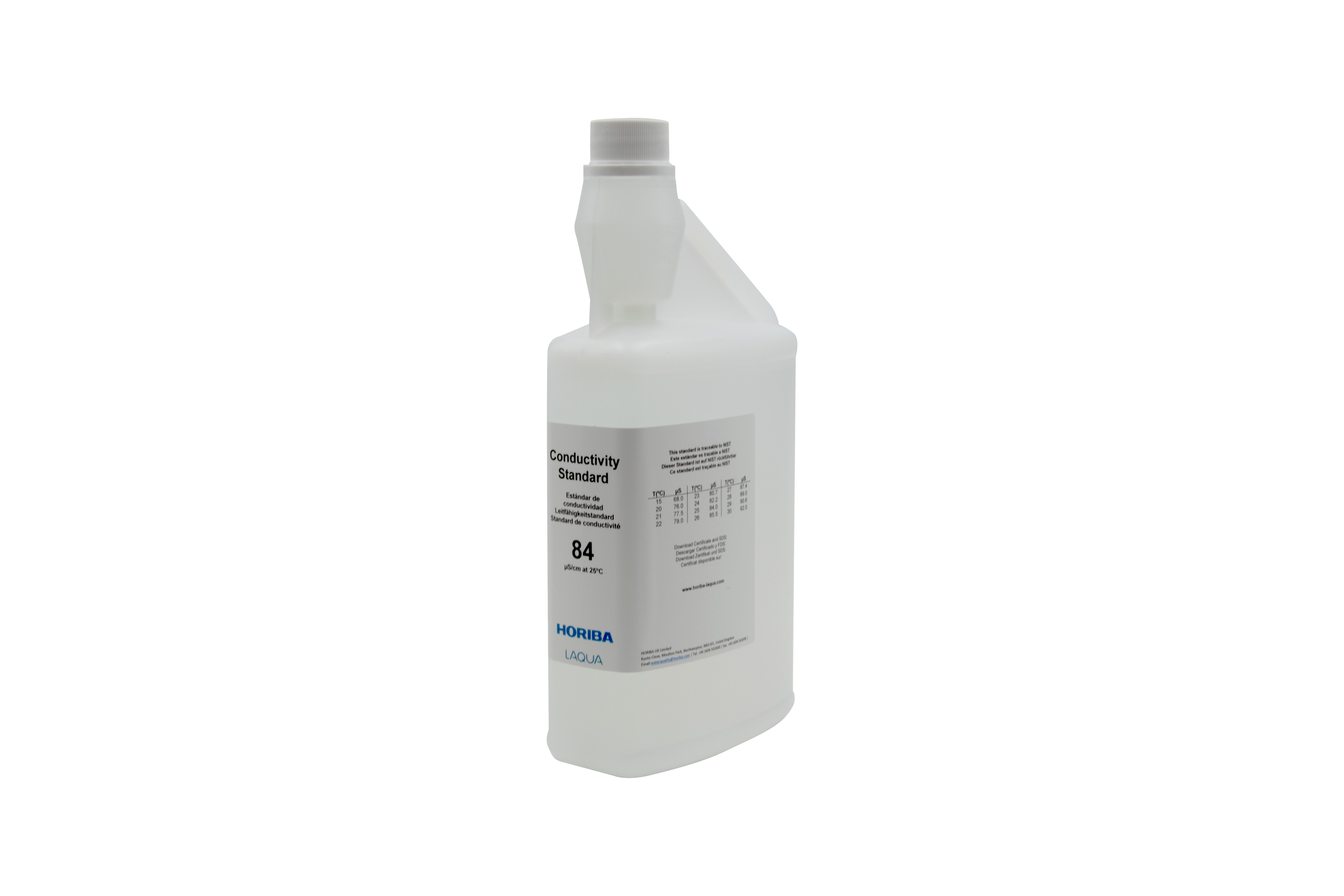 HORIBA 84 μS/cm Leitfähigkeitskalibrierlösung 1000ml (1000-EC-84) HORIBA 84 μS/cm Leitfähigkeitskalibrierlösung 1000ml, schräg stehend, klare Flüssigkeit, gut sichtbares Etikett