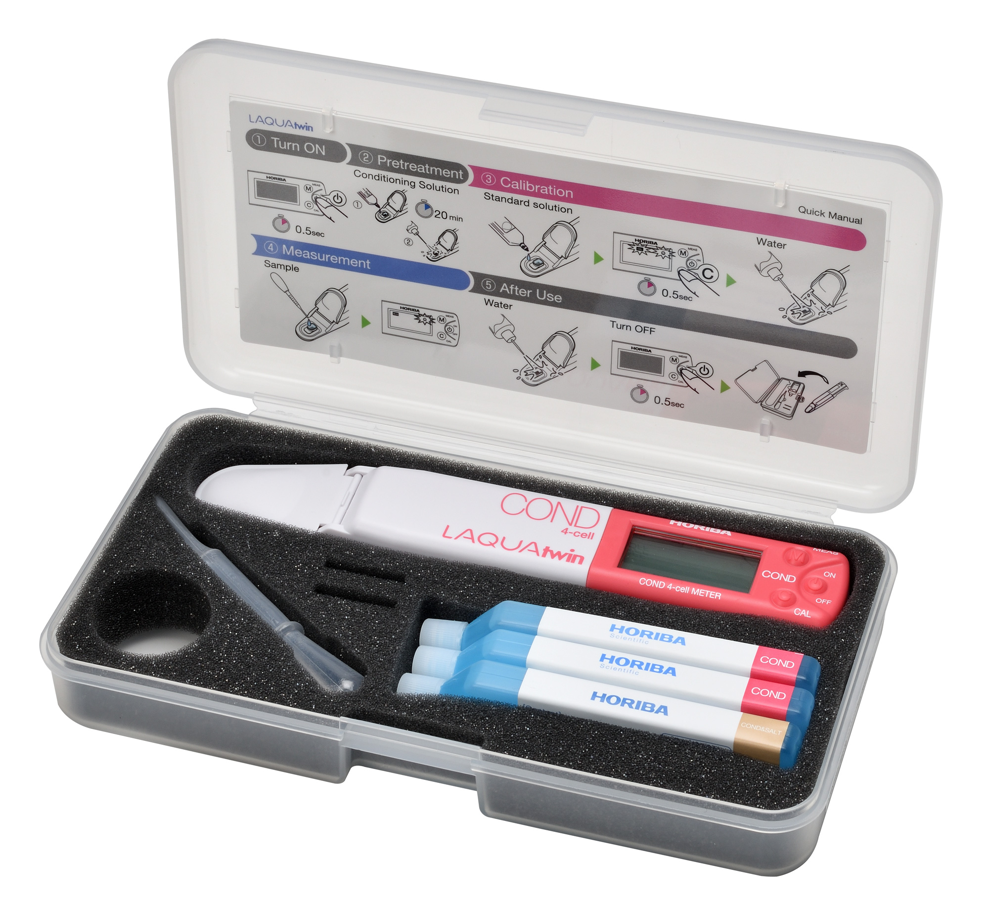 Horiba LAQUAtwin 4EC-33 Leitfähigkeitstester unsere Artikelnummer 896093. Zu sehen ist der Leitfähigkeitstester liegend in der geöffneten Box, mit Lösungen und einer Pipette.