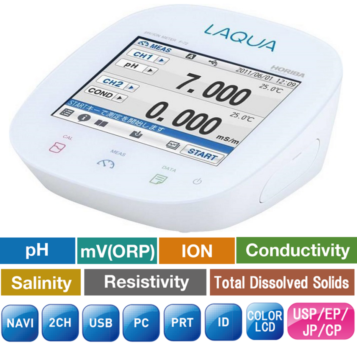 Horiba F-74 Zweikanal pH/Redox/Ionen/Leitfähigkeit/Widerstand/Salzgehalt/TDS/Temperatur Labor Messgerät mit Touchscreen Horiba F 74 Zweikanal Labormessgerät mit großem Touch LCD, mit pH  und Leitfähigkeitswerten