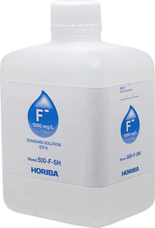 Horiba 1000 mg/L Fluorid Ionen Standard Lösung, 500ml (500-F-SH) Horiba 1000 mg/L Fluorid Ionen Standard Lösung 500 ml Flasche Frontansicht, weiße Kunststoffflasche mit blauem Etikett, Kalibrierlösung für ISE, präzise Messlösung