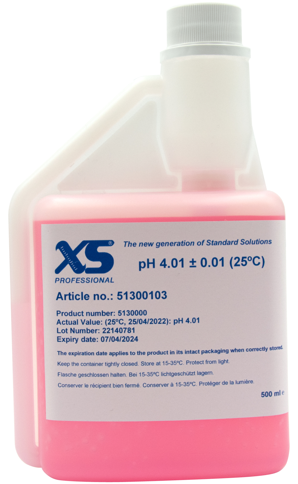 XS Professional pH 4.01 (±0,01pH @25°C) - 500ml pH Pufferlösung mit DAkkS Zertifikat XS Professional pH 4.01 500 ml, Druckverschluss-Flasche mit DAkkS-Zertifikat