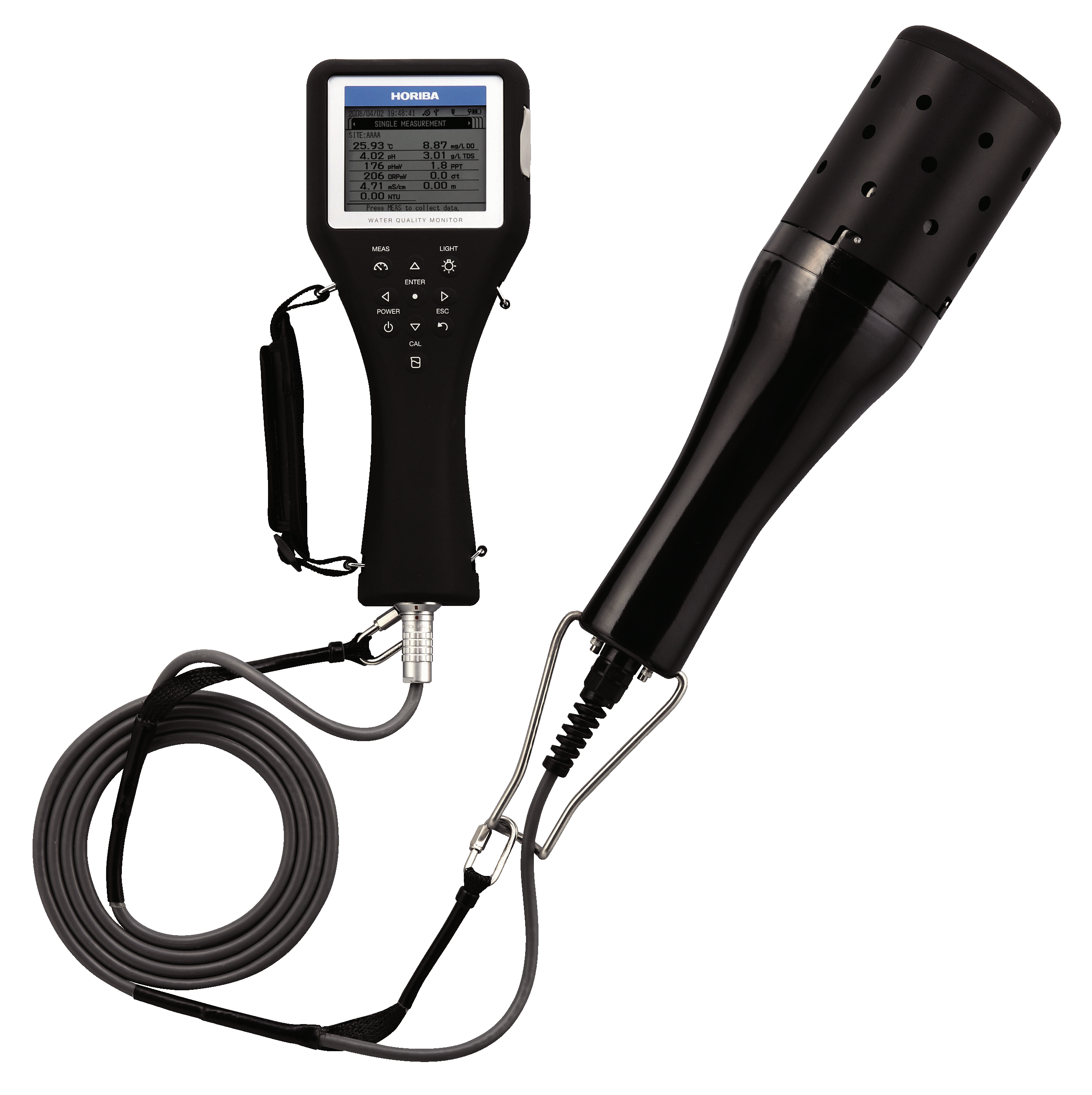 Horiba U-50 Serie Multiparameter Wasseranalyse Profi Gerät optional mit GPS und Meerestiefe Messung Horiba U-50 Multiparameter Wasseranalysegerät mit Sonde, Frontansicht mit Messsonde, Profi Wasseranalysator mit Sensor