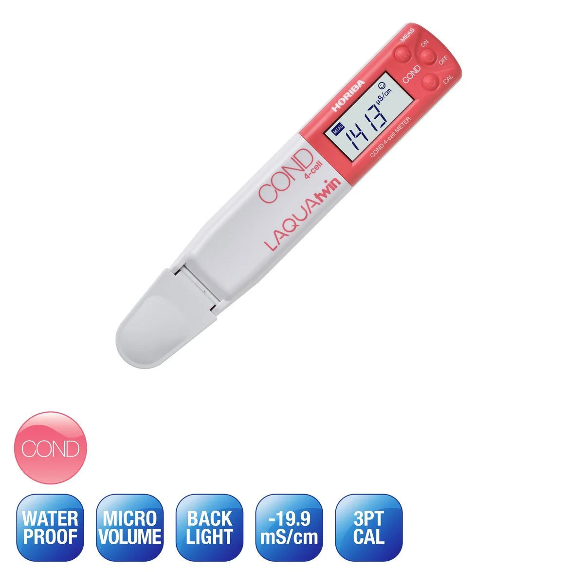 Horiba LAQUAtwin 4EC-11 Leitfähigkeitstester unsere Artikelnummer 896091. Zu sehen ist das Leitfähigkeitsmessgerät und eine Auflistung der Produkteigenschaften