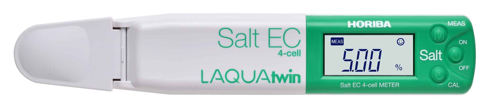 Horiba LAQUAtwin Salz 4ECSalt-11 Pocket-Tester unsere Artikelnummer 896096. Draufsicht auf das Gerät, das Display zeigt einen Messwert an.
