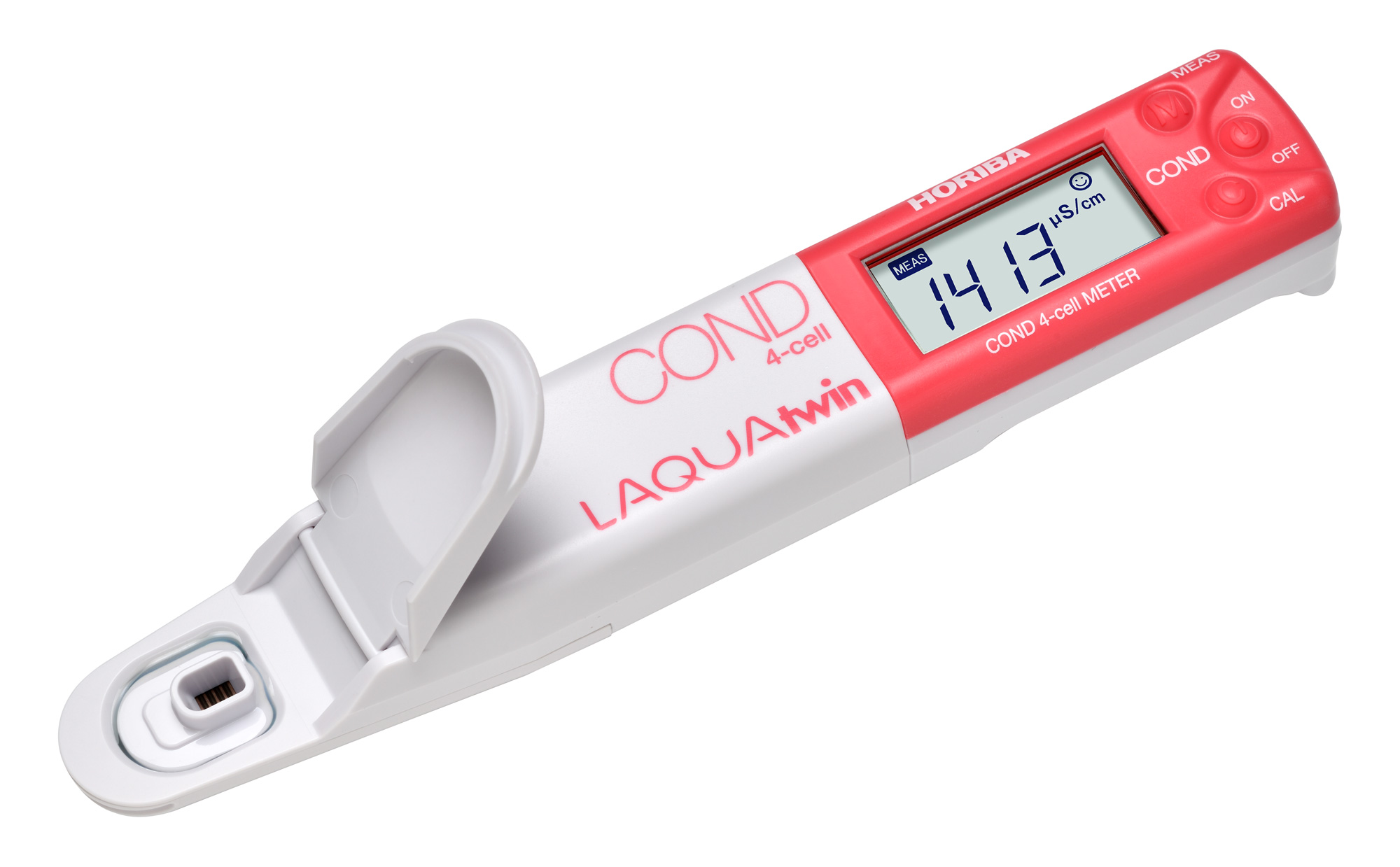 Horiba LAQUAtwin 4EC-33 Leitfähigkeitstester unsere Artikelnummer 896093. Schräg liegender Leitfähigkeitstester mit Blick auf den Sensor.