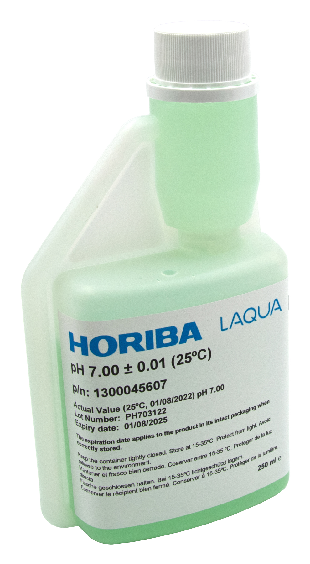HORIBA pH 7.00 (±0,01pH @25°C) Pufferlösung 250ml (250-PH-7) HORIBA Kalibrierlösung pH 7 in hygienischer Flasche, Etikett und Struktur ersichtlich