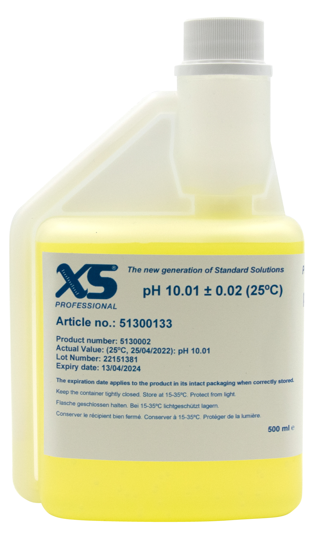 XS Professional pH 10.01 (±0,02pH @25°C) - 500ml pH Pufferlösung mit DAkkS Zertifikat XS Professional pH‑10.01 500 ml Flasche Vorderansicht,Kalibrierpufferlösung mit Hygienverschluss