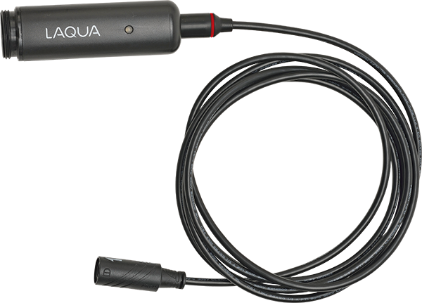 Horiba LAQUA 300‑C‑2 Kabel mit digitalem Sensorkopf, Frontansicht, schwarze Ummantelung, Kabelspirale, steckbarer Sensoranschluss, 2m Kabel