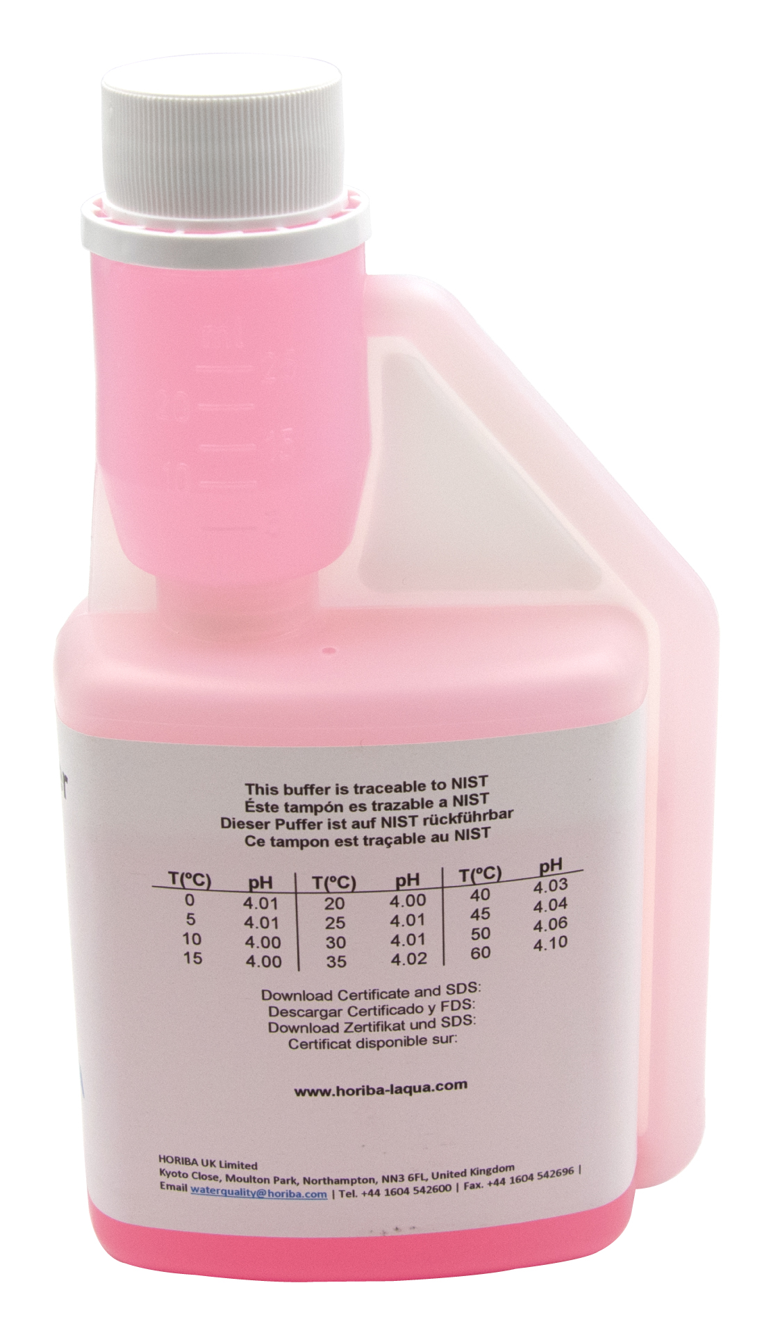 HORIBA pH 4.01 Pufferlösung Rückseite mit pH-Werttabellen und Temperaturangaben