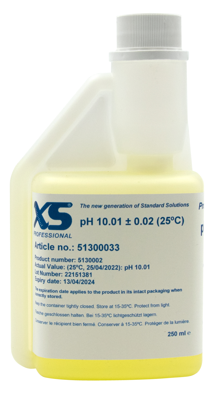 XS Professional pH 10.01 (±0,02pH @25°C) - 250ml pH Pufferlösung mit DAkkS Zertifikat pH 10.01 Pufferlösung 250ml in gelb, vordere Ansicht