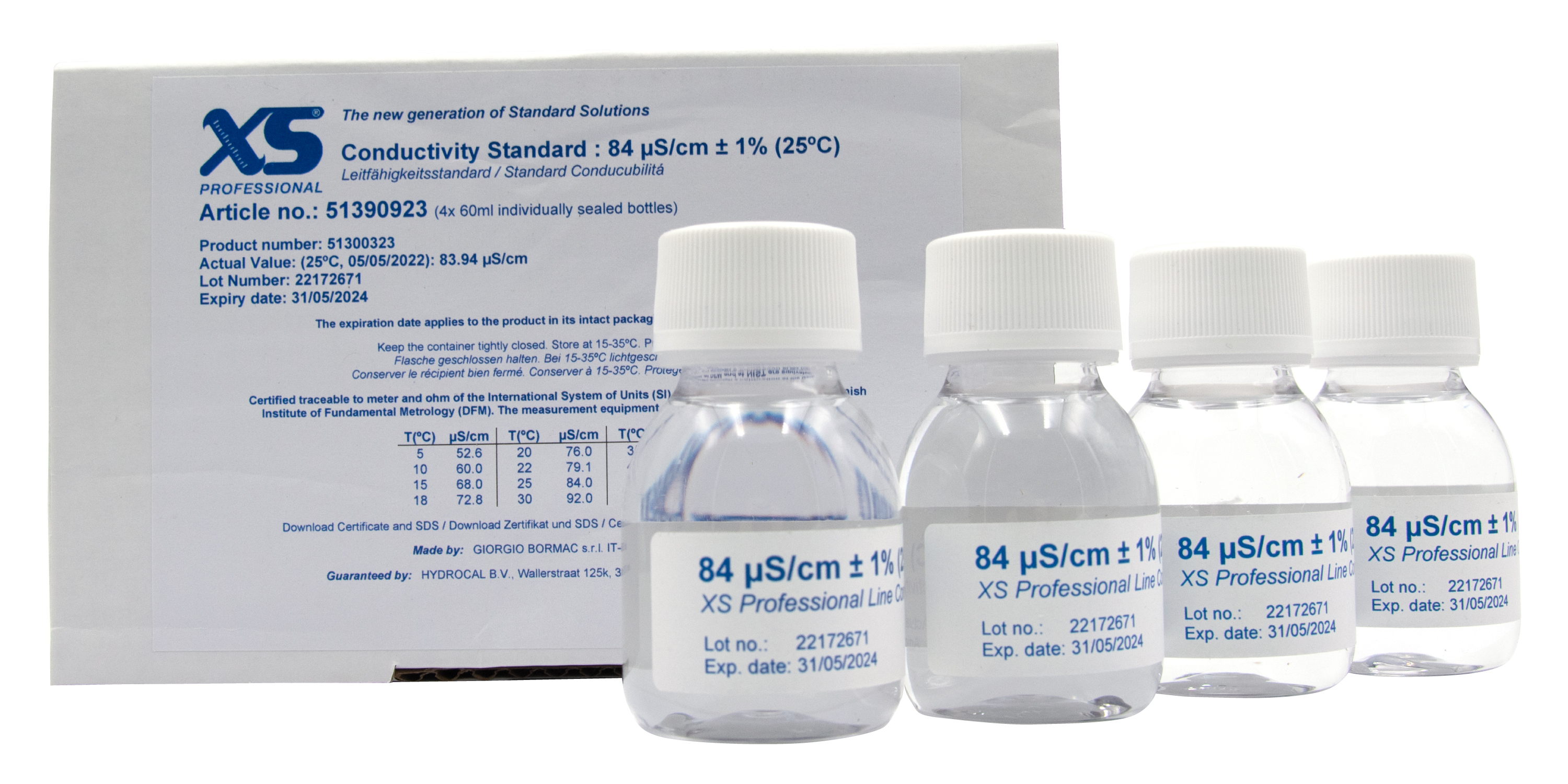 XS Professional 84µS/cm - 4x 60ml Leitfähigkeitskalibrierlösung mit DFM Zertifikat XS Professional 84µS/cm - 4x 60ml Leitfähigkeitskalibrierlösung  klar, 4x 60ml