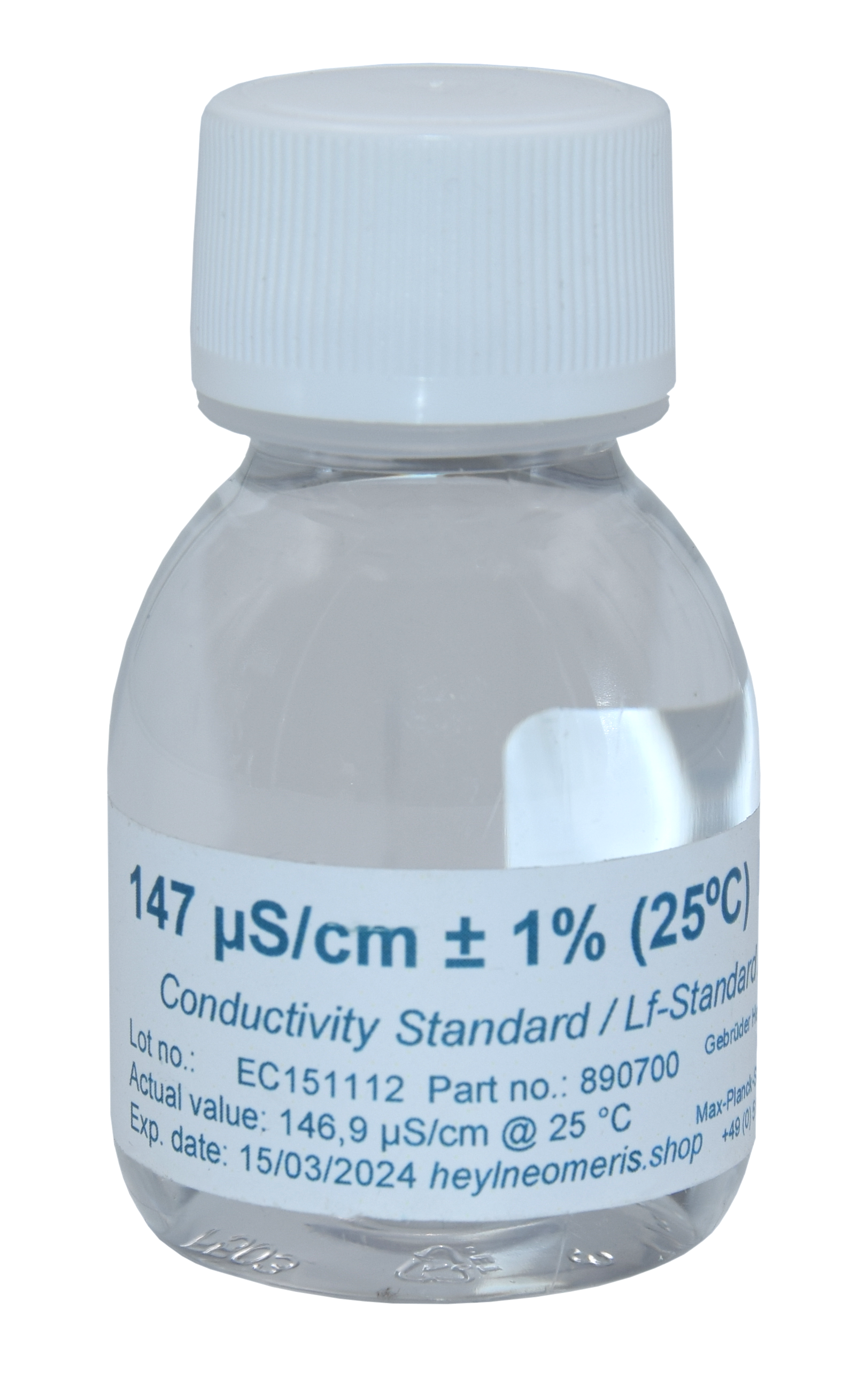 Neomeris Leitfähigkeitskalibrierlösung Leitfähigkeitskalibrierlösung, Frontansicht der 70 ml Kunststoffflasche mit Schraubverschluss, für Elektrodenkalibrierung