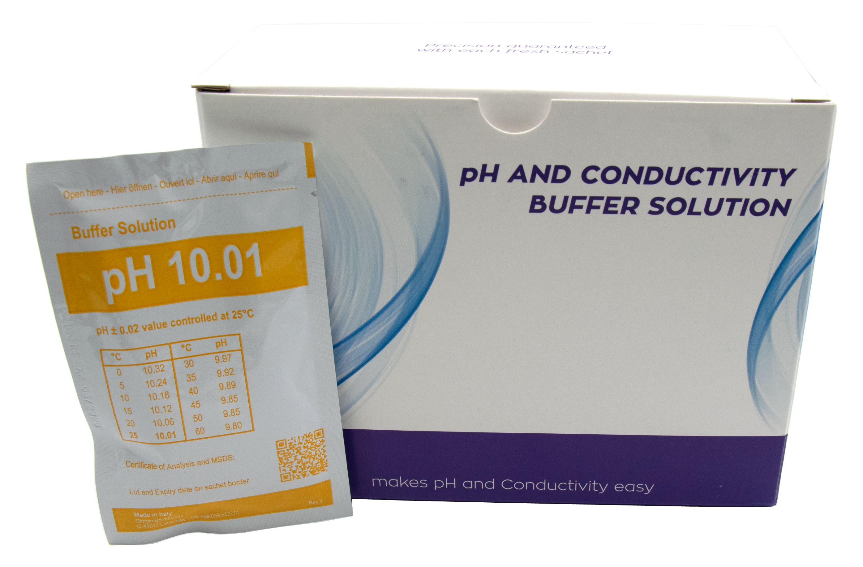 XS BASIC pH 10.01 (25°C) Pufferlösungspackung mit 20 Tüten à 25ml, farblos, mit Analysenzertifikat XS BASIC pH 10.01 Kalibrierpuffer, einzelne 25 ml Tüte sichtbar, Set mit 20, farblos, zertifiziert