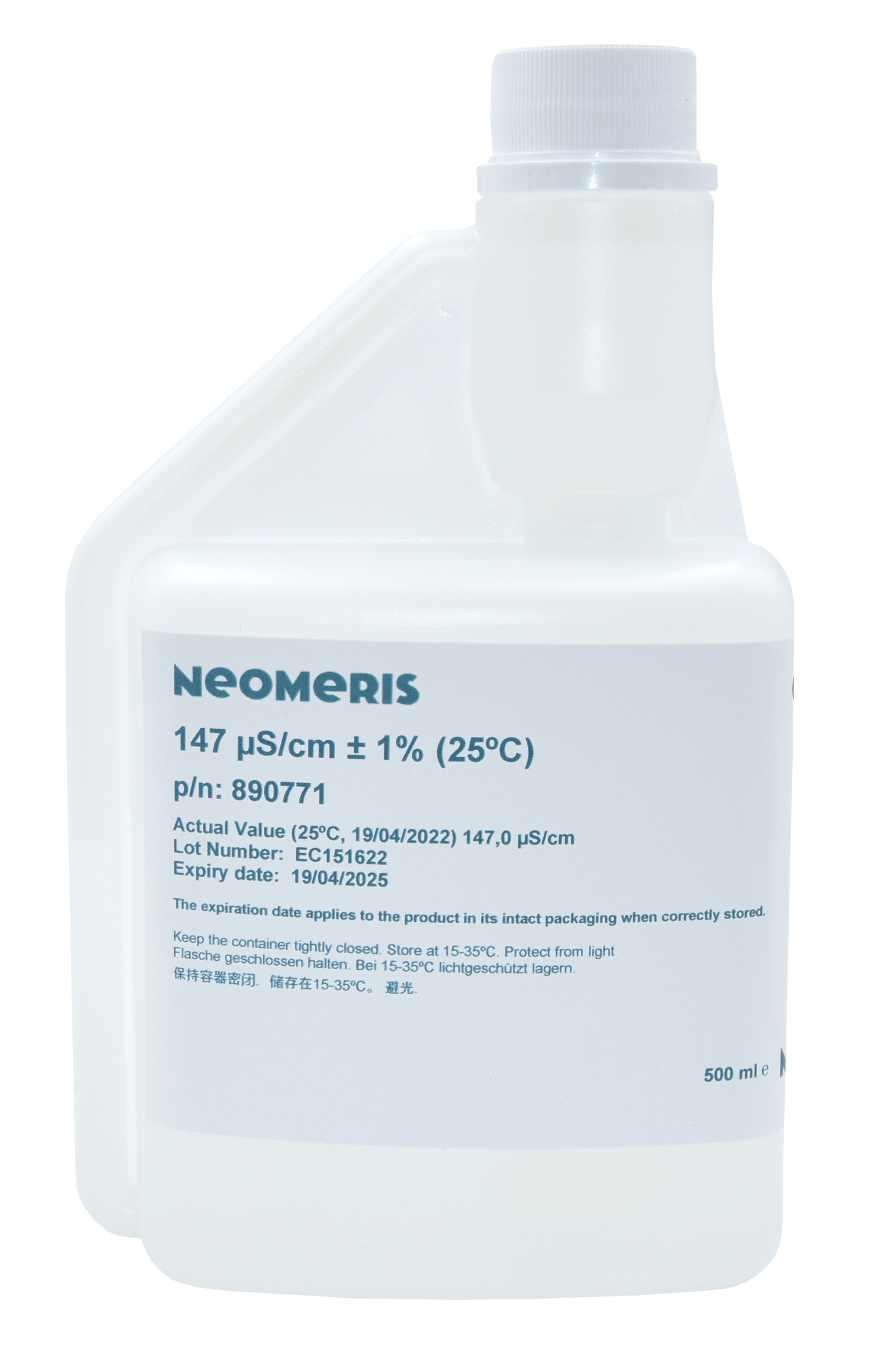 Neomeris Leitfähigkeitskalibrierlösung 147 μS/cm Kalibrierlösung für Elektroden, ergonomisch geformte 500 ml Flasche zum Dosieren Flasche mit Aufdruck der Messwerte, gut sichtbare Dosieröffnung oben