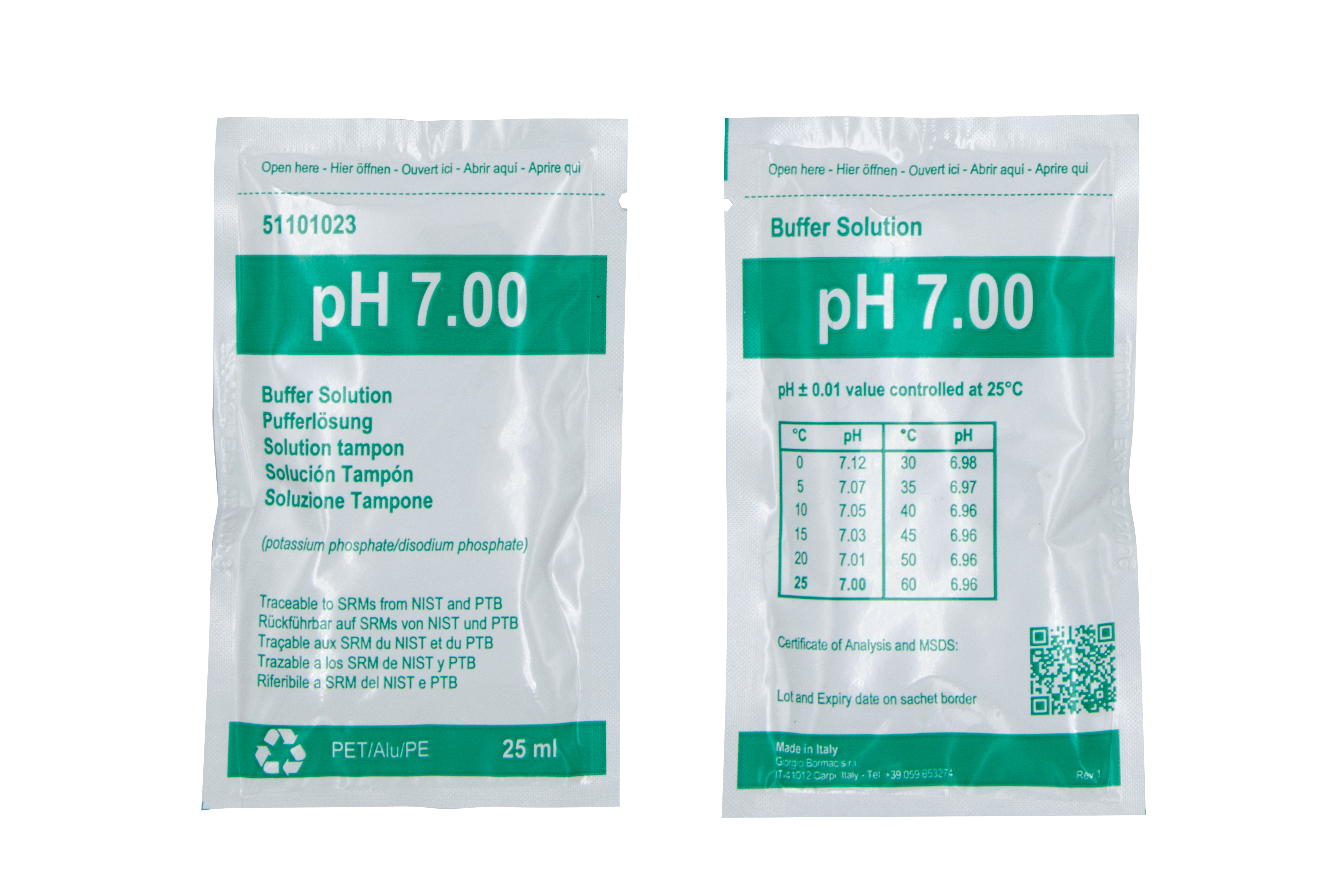 XS BASIC pH 7.00 (25°C) Pufferlösungspackung mit 20 Tüten à 25ml, grün, mit Analysenzertifikat