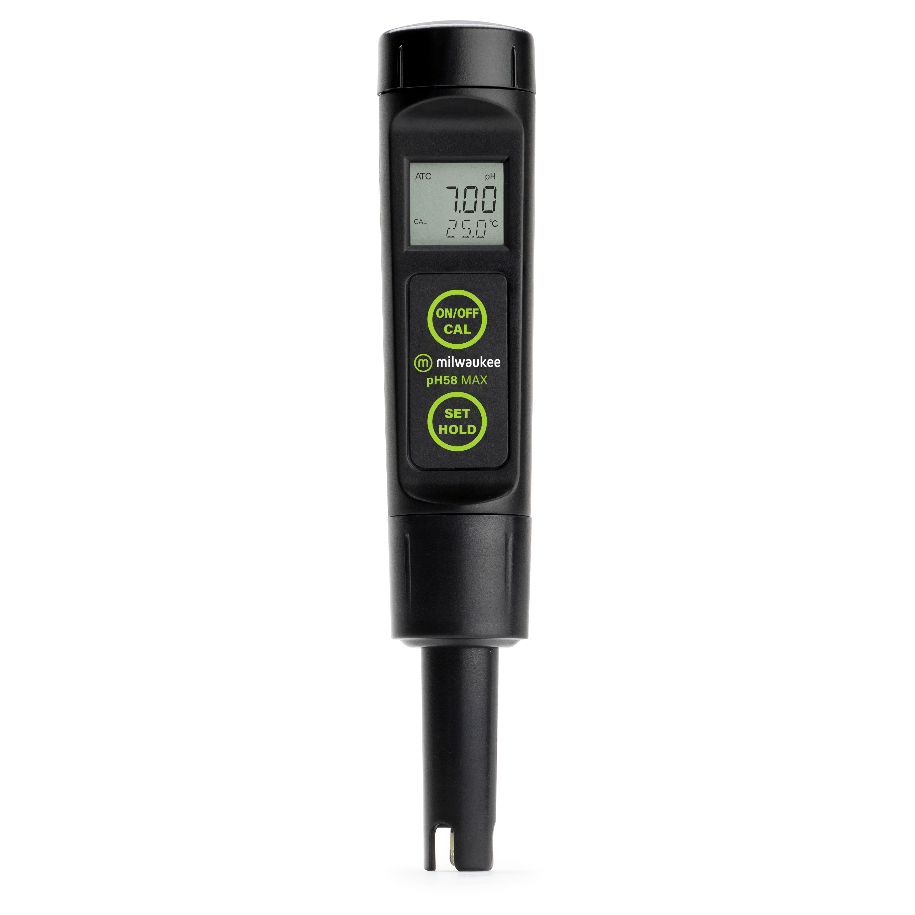 Milwaukee PH58 pH‑Redox‑Tester Frontansicht, Sensor offen, Display mit pH‑ und Temp‑Anzeige