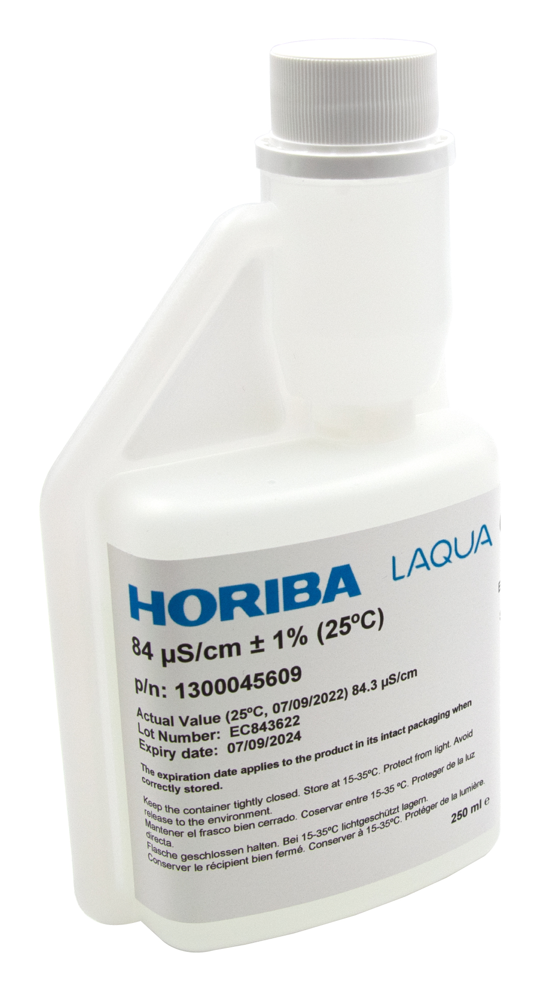 HORIBA 84 μS/cm Leitfähigkeitskalibrierlösung 250ml (250-EC-84) ORIBA 84 µS/cm Kalibrierlösung in ergonomischer Flasche, Blick auf Schrift