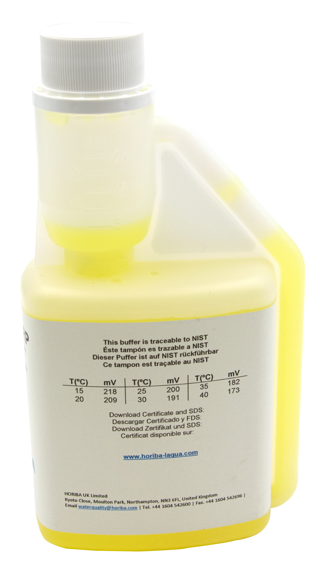HORIBA Redox 200mV Pufferlösung Rückseite, pH- und Temperaturwerte klar lesbar, hygienische Flasche