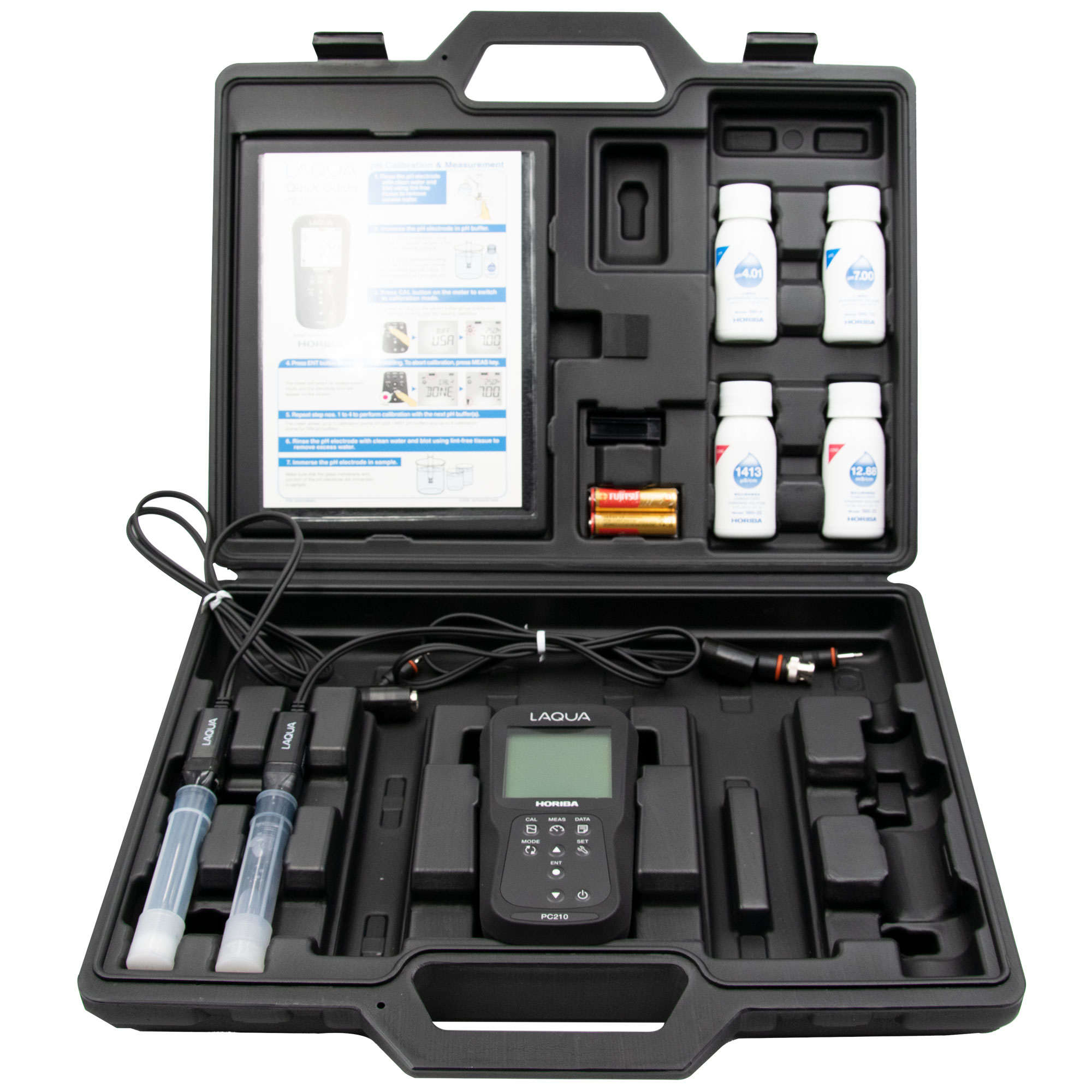 Horiba LAQUA PC210-Kit pH, Redox, Leitwert, TDS, Salz, Widerstand und Temperatur Hand Messgerät im Analysenkoffer Horiba Analysenkoffer in schwarz, Anleitung, Gerät und Elektroden sichtbar