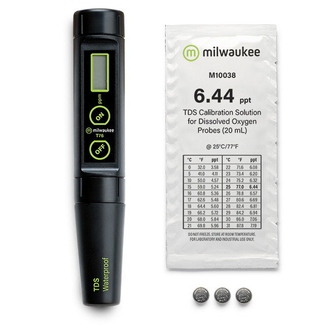 Milwaukee T76 wasserfestes gelöste Feststoffe Messgerät TDS (hoher Messbereich) mit automatischer Temperaturkompensation und austauschbarer Sonde Milwaukee T76 TDS-Messgerät mit Zubehör, inklusive Kalibrierlösung und Batterien