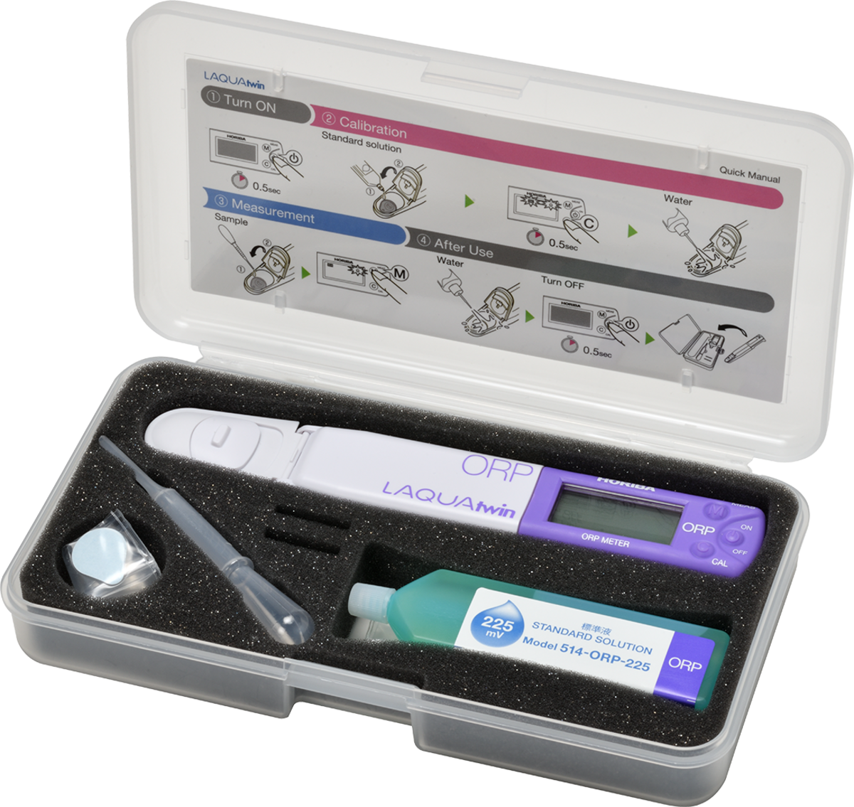 Plastik Verpackung/Koffer des LAQUAtwin Testers  mit Flüssigkeit, Pipette und Batterien