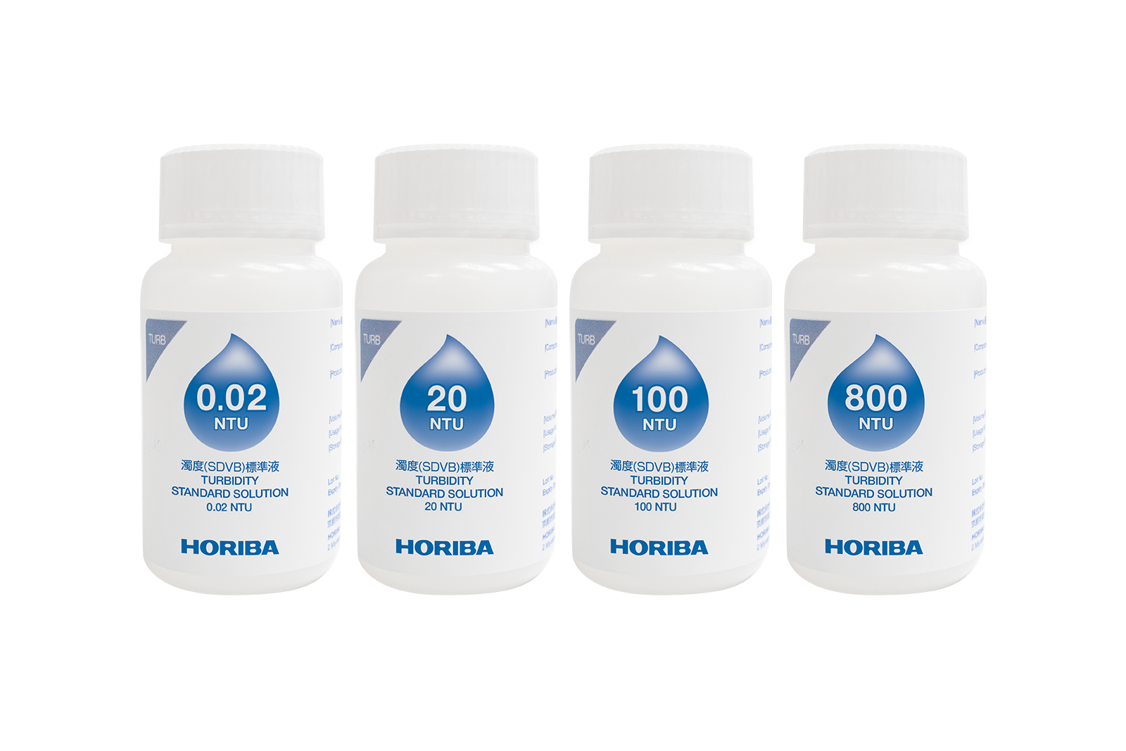 Horiba 550-TBP-4 Trübungs Kalibrierlösungsset (0,02; 20; 100 und 800 NTU), jeweils 50 ml Artikel 896081 Horiba 550-TBP-4 Trübungs Kalibrierlösungsset (0,02; 20; 100 und 800 NTU), jeweils 50 ml Flaschen