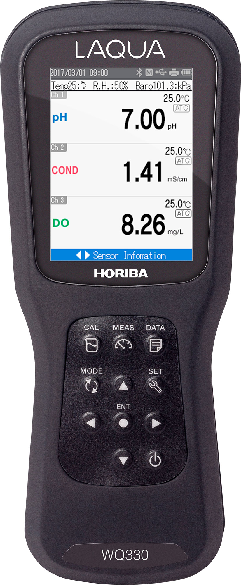 Horiba LAQUA WQ330-K Handmessgerät, Frontansicht, ohne Elektroden, großes LCD-Display