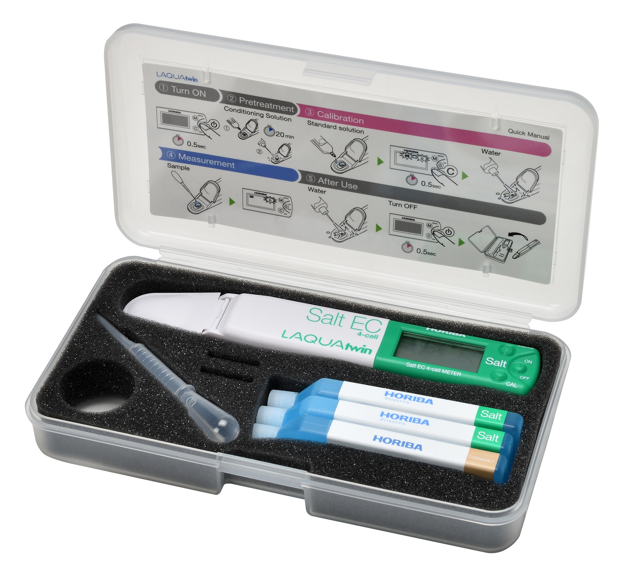 Horiba LAQUAtwin Salz 4ECSalt-11 Pocket-Tester unsere Artikelnummer 896096. Verkaufsverpackung ist geöffnet zu sehen ist das Gerät, Lösungen und eine Pipette.