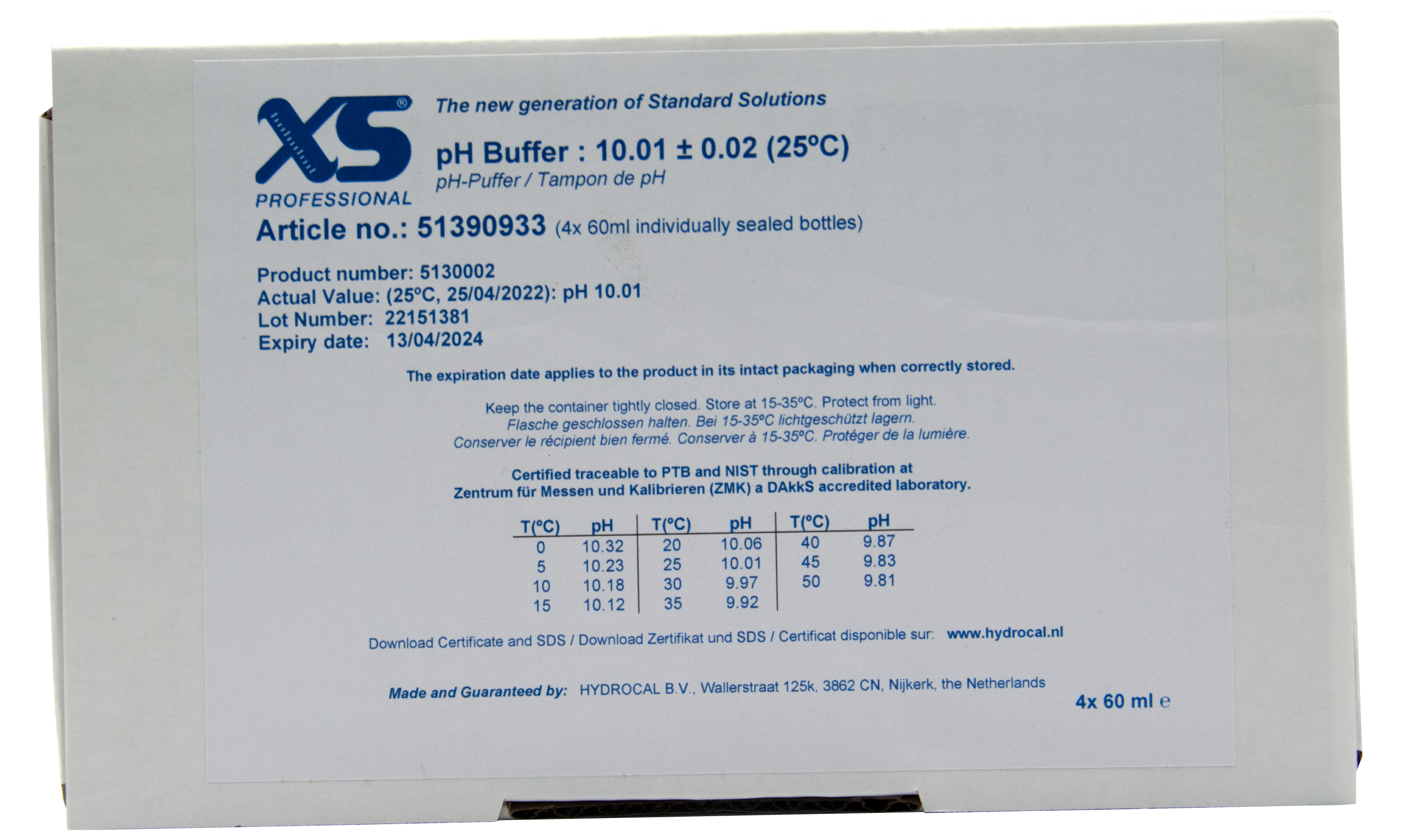 XS Professional pH 10.01 (±0,02pH @25°C) - 4x 60ml pH Pufferlösung mit DAkkS Zertifikat