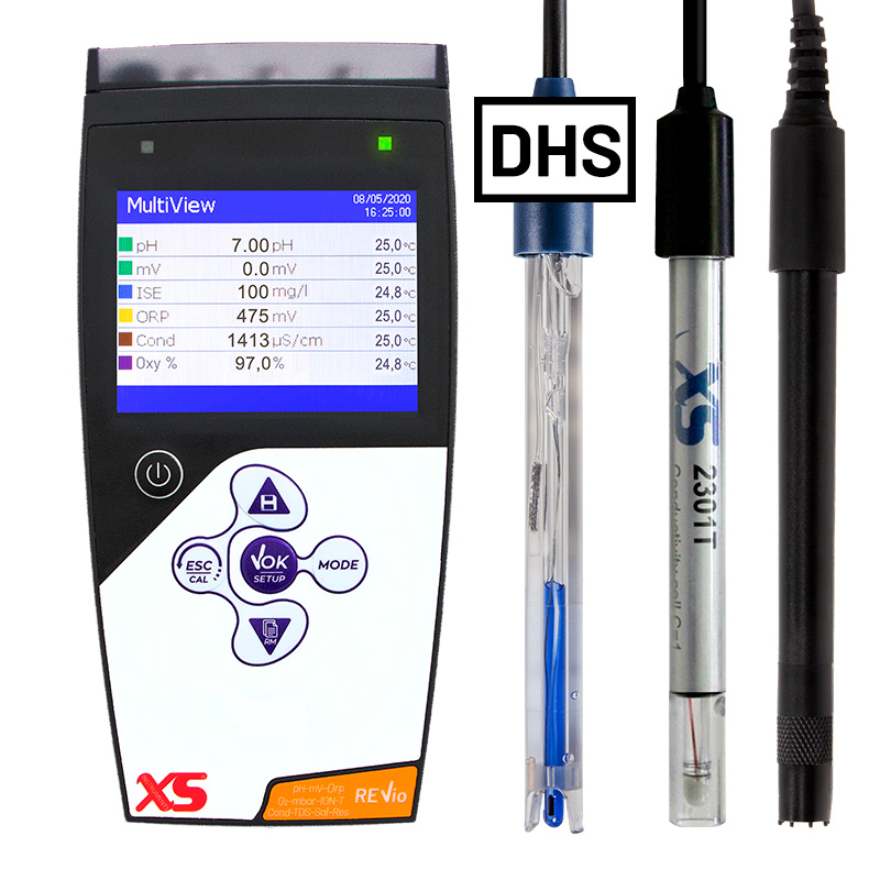 REVIO DHS mit digitaler pH Elektrode, Leitfähigkeitsmesszelle und Sauerstoffsensor im Koffer