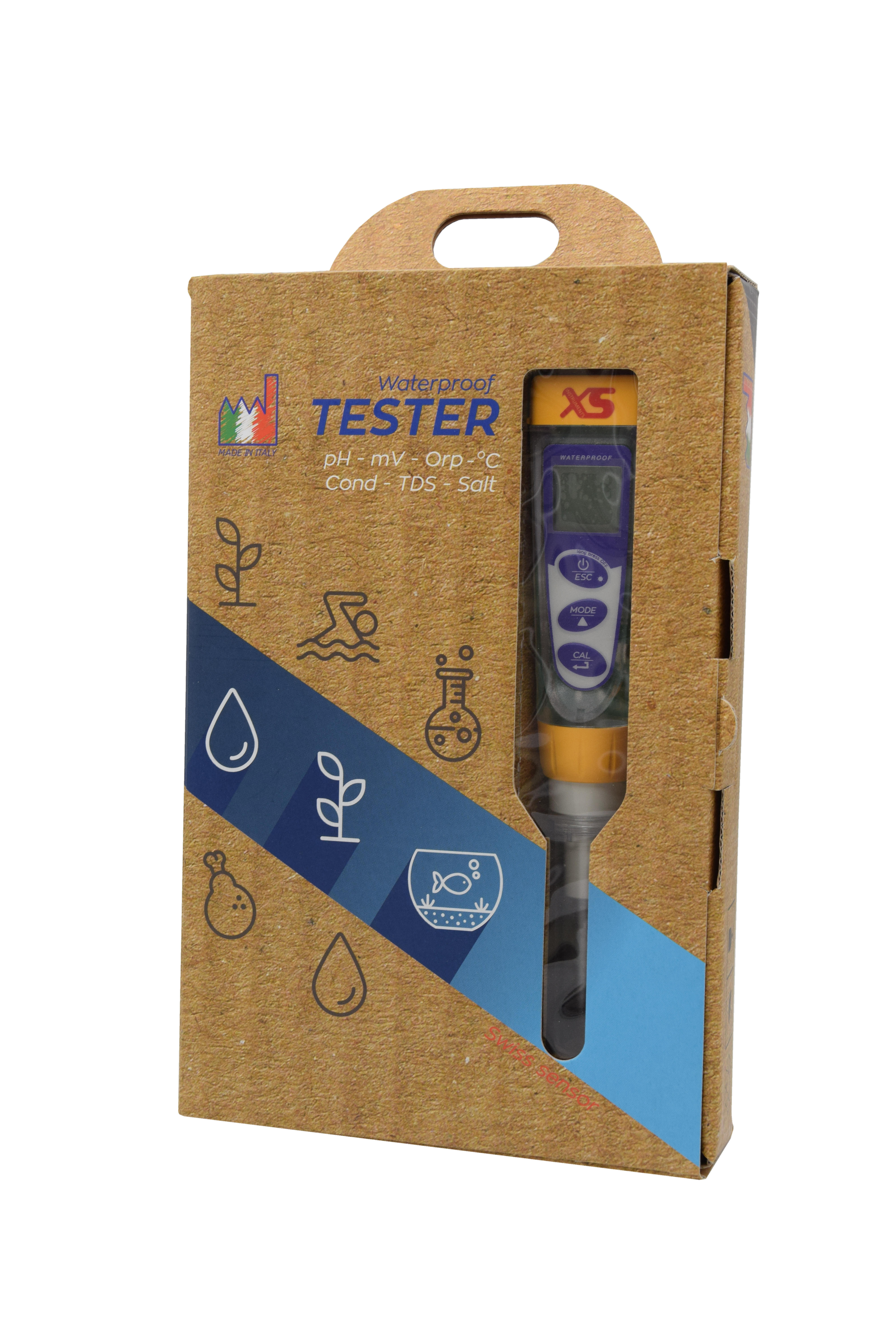 braune Verpackung mit blauen Streifen drüber, Tester Sichtbar