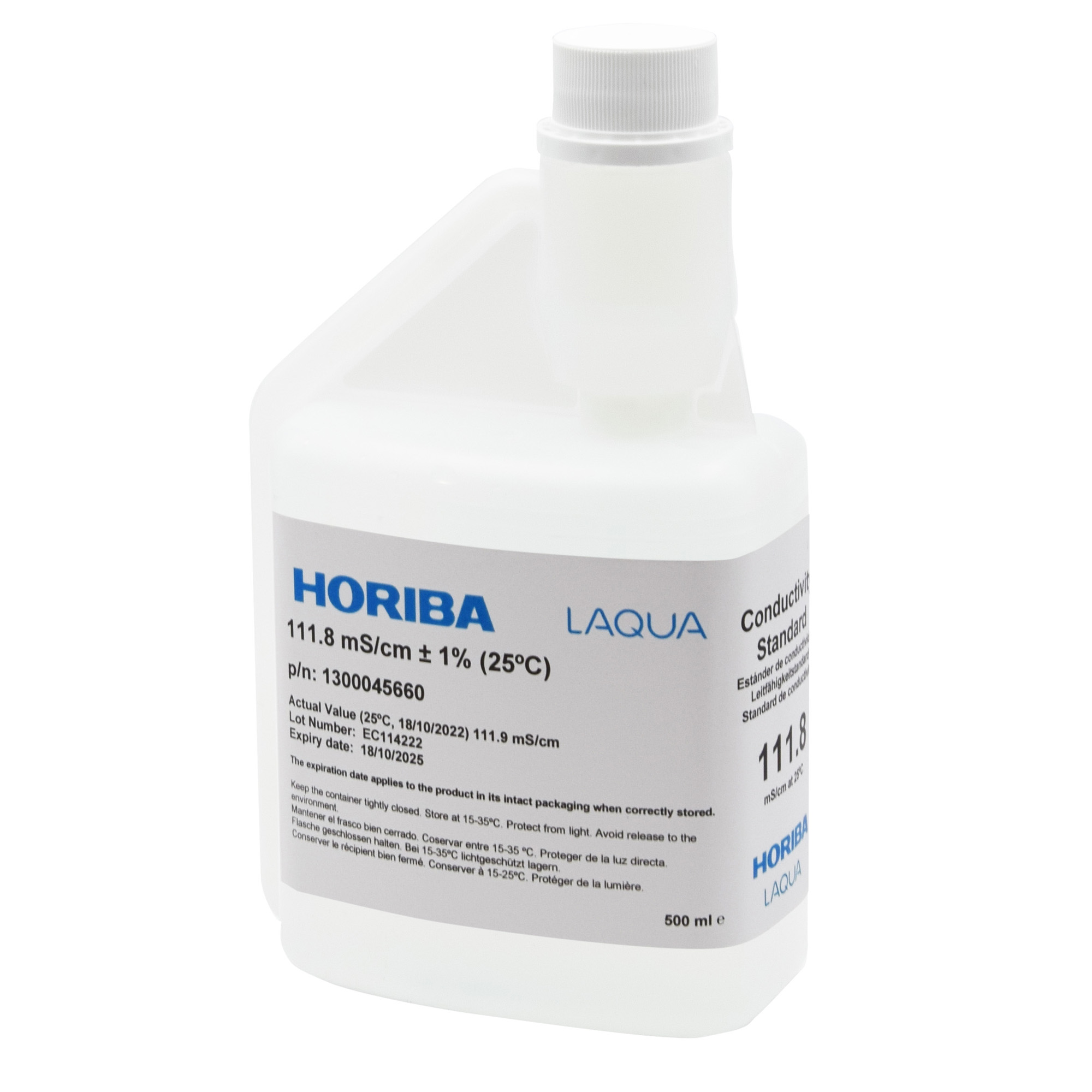 HORIBA 111.8 mS/cm Leitfähigkeitskalibrierlösung 500ml (500-EC-1118) HORIBA 111.8 mS/cm Leitfähigkeitskalibrierlösung 500ml, Frontansicht, für Wasserbehandlungsanlagen