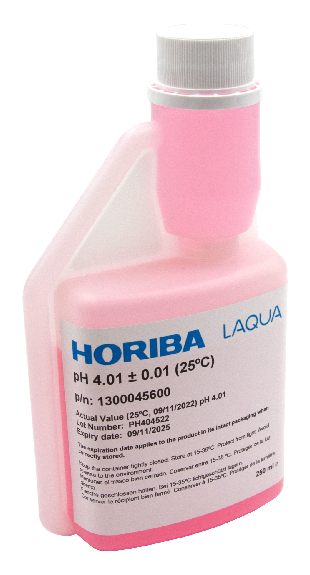 HORIBA pH 4.01 (±0,01pH @25°C) Pufferlösung 250ml (250-PH-4) HORIBA pH 4.01 Pufferlösung 250ml transparente Hygieneflasche mit weißem Verschluss und Etikett