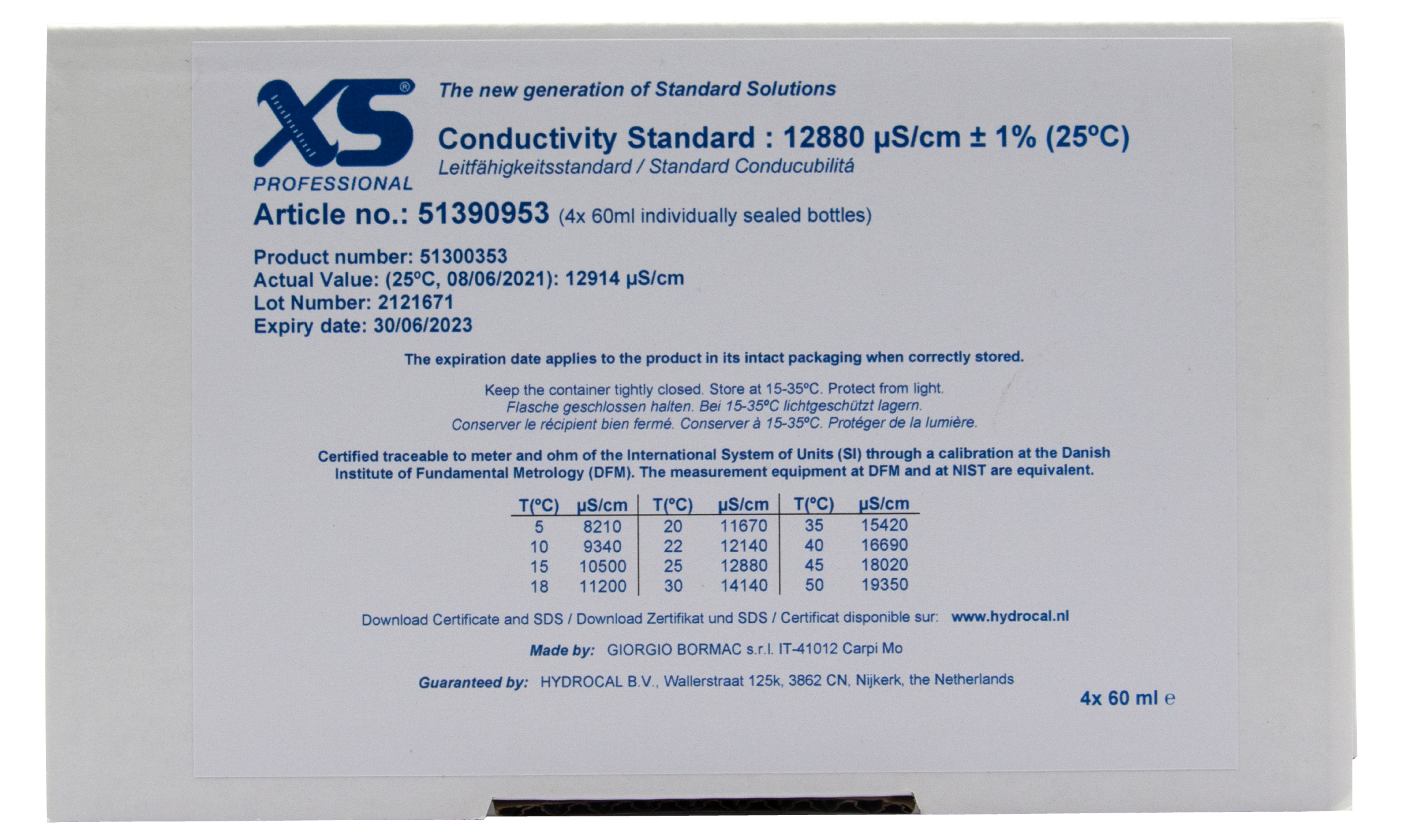 XS Professional 12880µS/cm - 4x 60ml Leitfähigkeitskalibrierlösung mit DFM Zertifikat