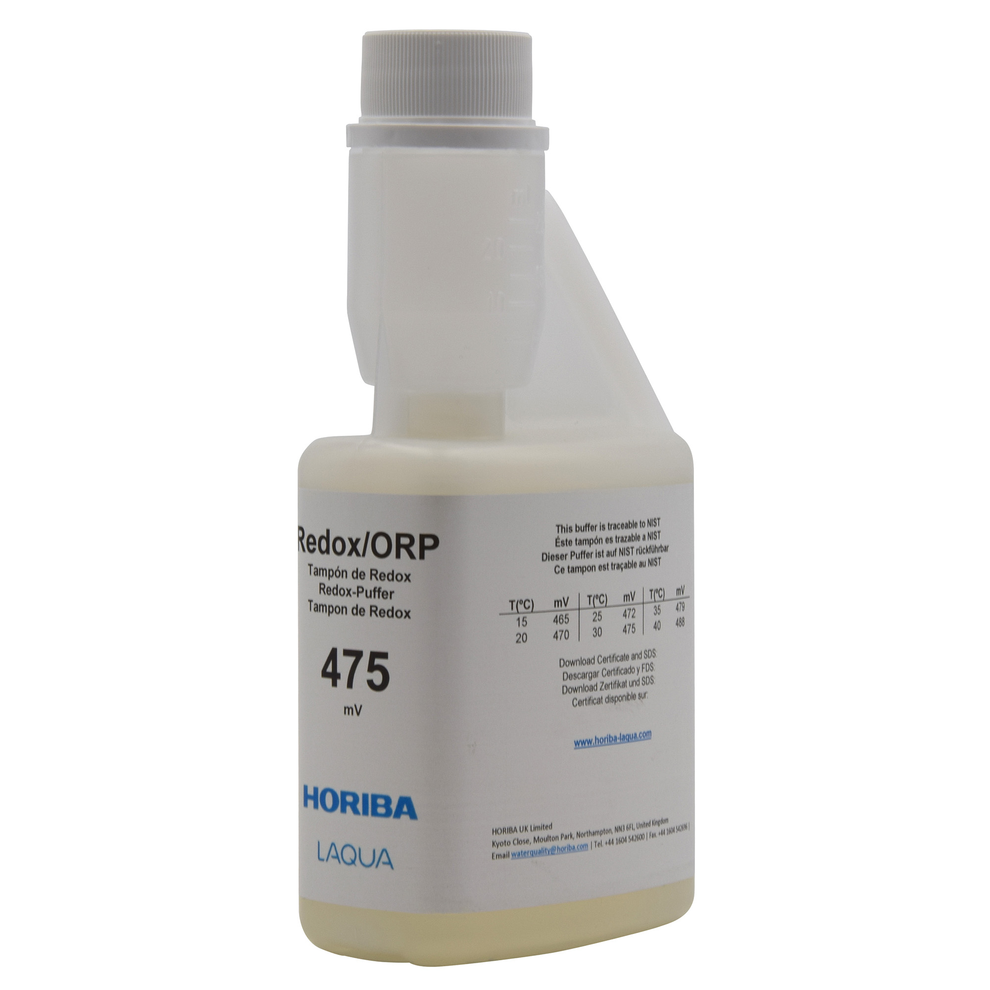 HORIBA Redox 475mV (±5mV @25°C) Pufferlösung 250ml (250-ORP-475) HORIBA Redox 475mV Pufferlösung Flasche, Frontansicht mit Etikett, 250ml Hygiene-Flasche, Kalibrierlösung, kontaminationsfreie Entnahme