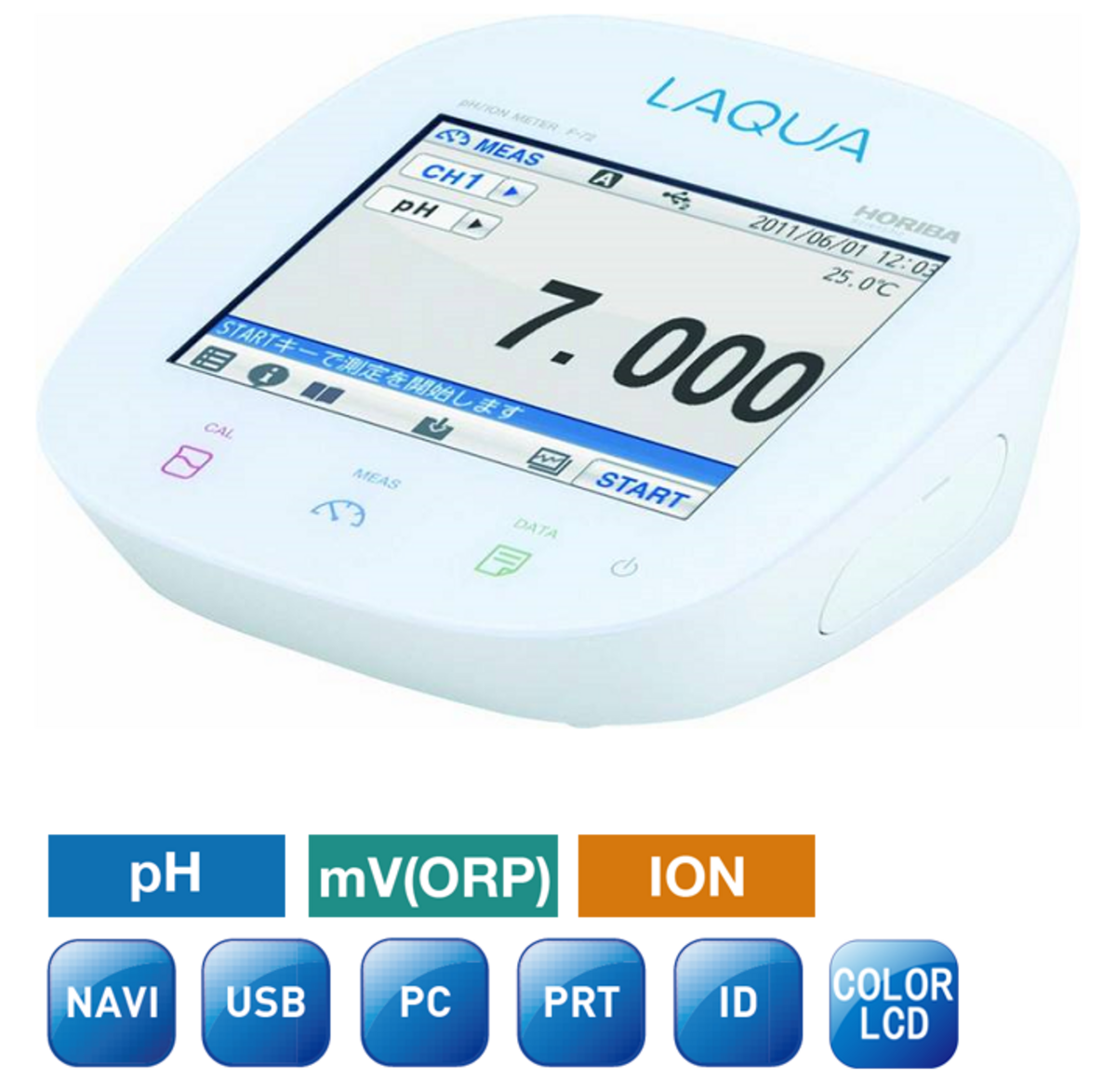 Horiba F-72 Einkanal-pH/Redox/Ion/Temperatur-Messgerät mit Touchscreen Horiba F‑72 Touchscreen-Messgerät Frontansicht mit digitaler Messanzeige von pH-Wert
