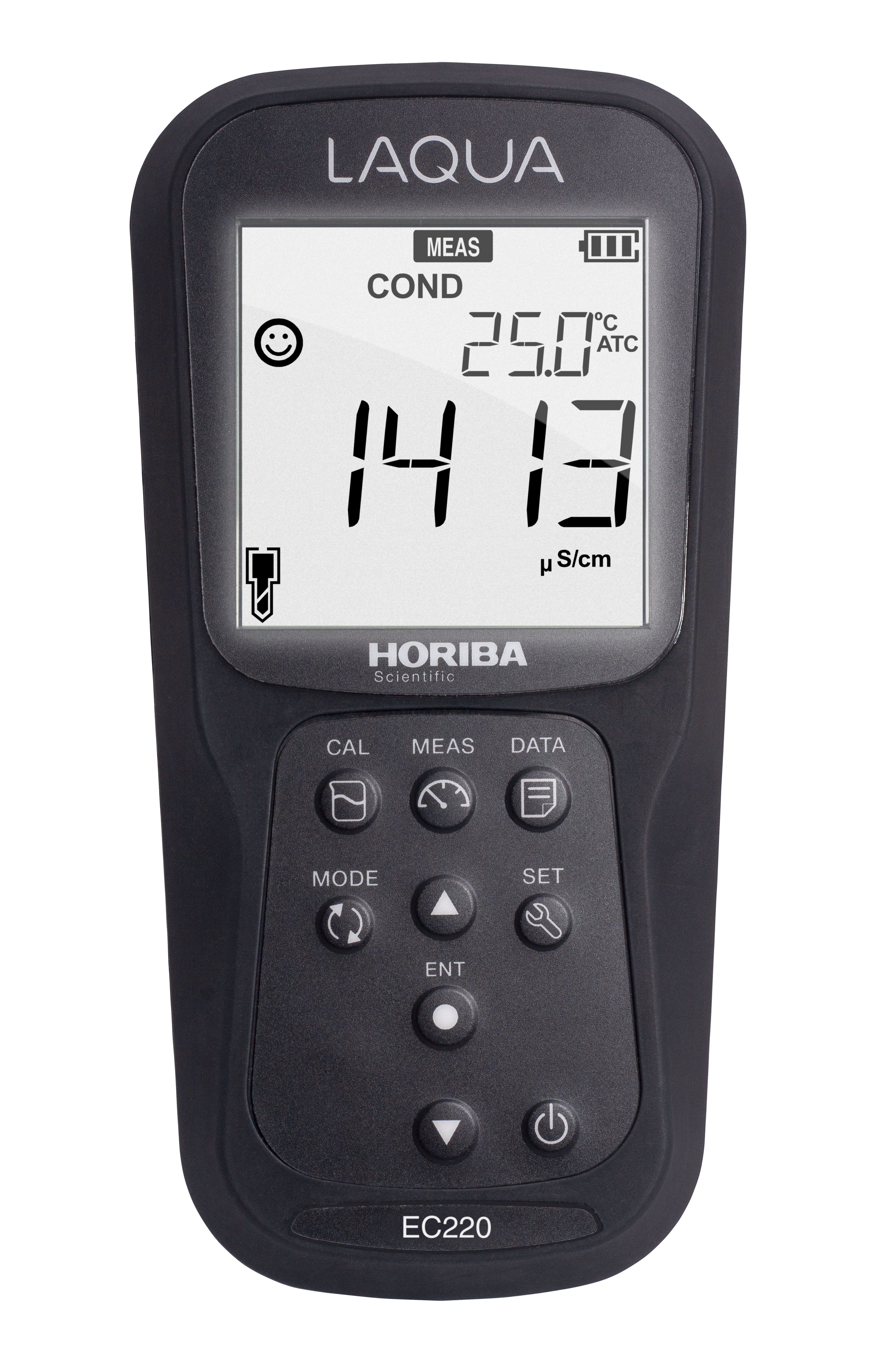 Horiba LAQUA EC220-Kit Leitfähigkeit, TDS, Widerstandswert, Salzgehalt und Temperatur Handmessgerät mit GLP Messdaten Speicherung und Druckerfunktion im Koffer EC220 Gerät LAQUA  in schwarz, Display an