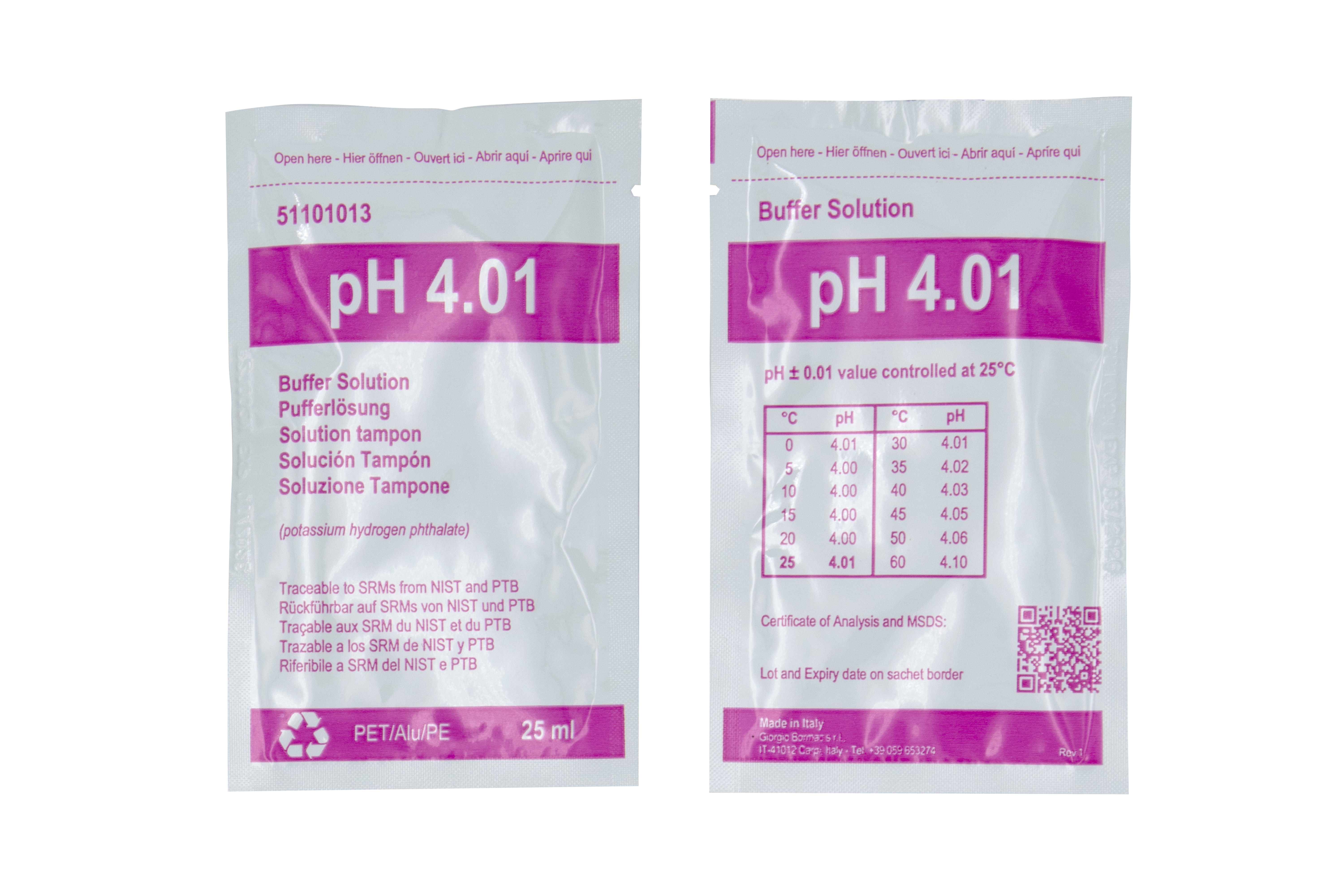 XS BASIC pH 4.01 (25°C) Pufferlösungspackung mit 20 Tüten à 25ml, rot, mit Analysenzertifikat