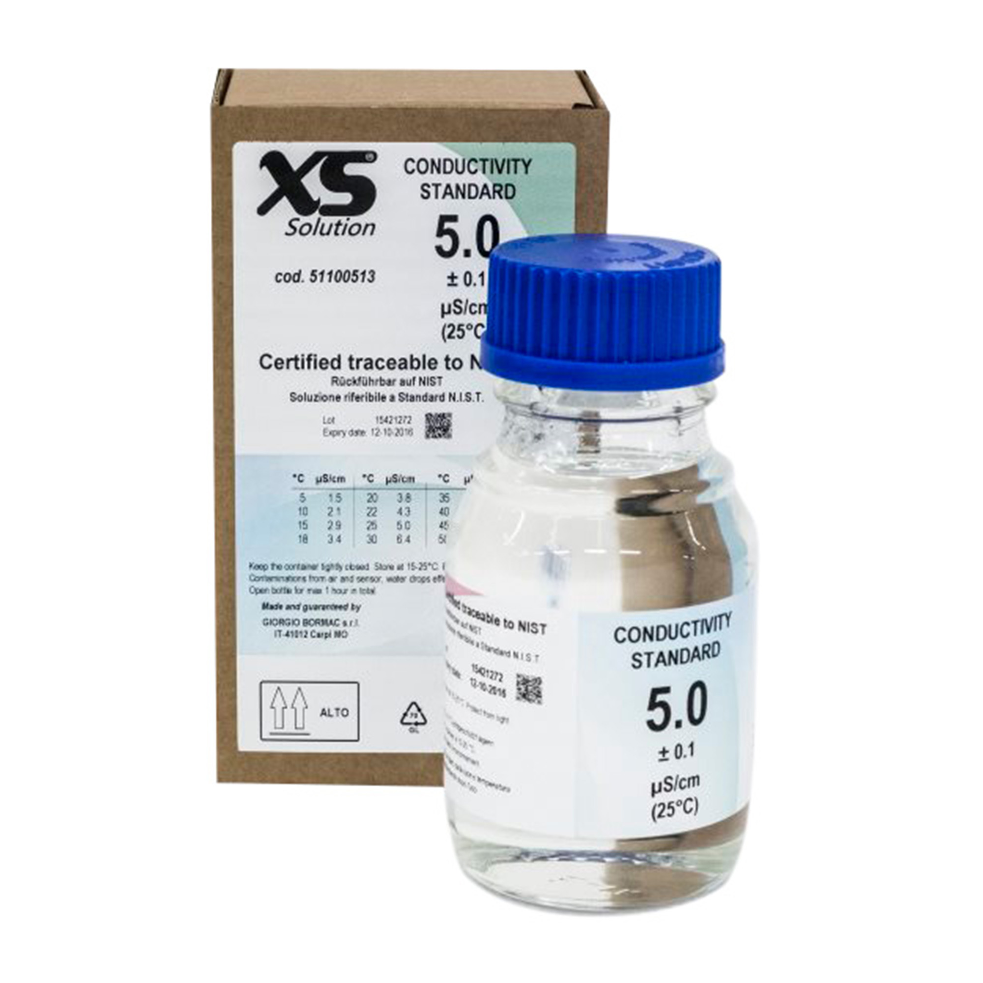 XS Basic 5,0 µS/cm Leitfähigkeitskalibrierlösung, N.I.S.T., Genauigkeit +-0,1 µS @25°C, 1 Glasflasche à 300ml