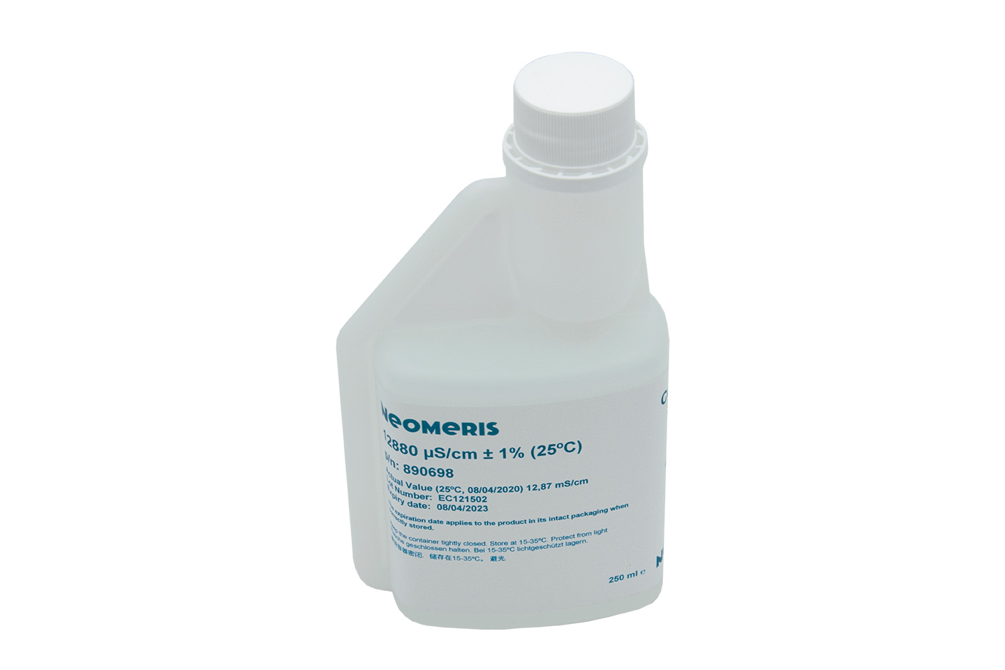 Neomeris Leitfähigkeitskalibrierlösung Leitfähigkeitskalibrierlösung, weiße Kunststoffflasche mit blauem Etikett, Frontansicht, 250ml, Hygieneverschluss schützt vor Verunreinigung, praktische Dosierflasche, Kalibrierlösung für Elektroden, handliche Form, sichere Anwendung