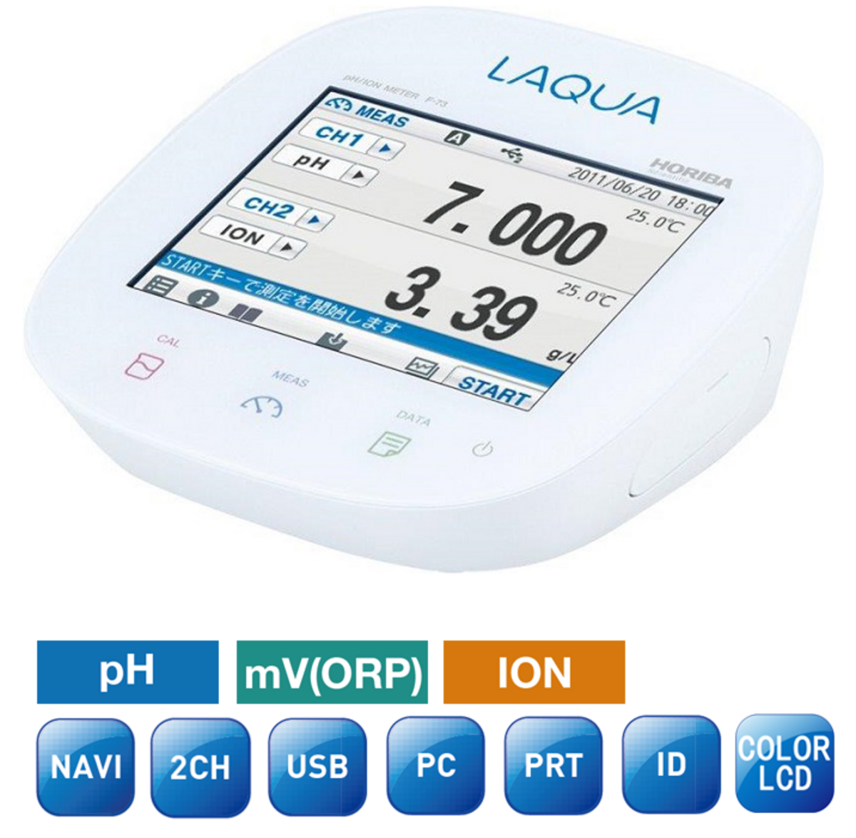 Horiba F-73 Zweikanal-pH/Redox/Ion/Temperatur-Messgerät mit Touchscreen Horiba F-73 Messgerät, weiße Gehäusefront, digitale Messanzeigen, Touchbedienung