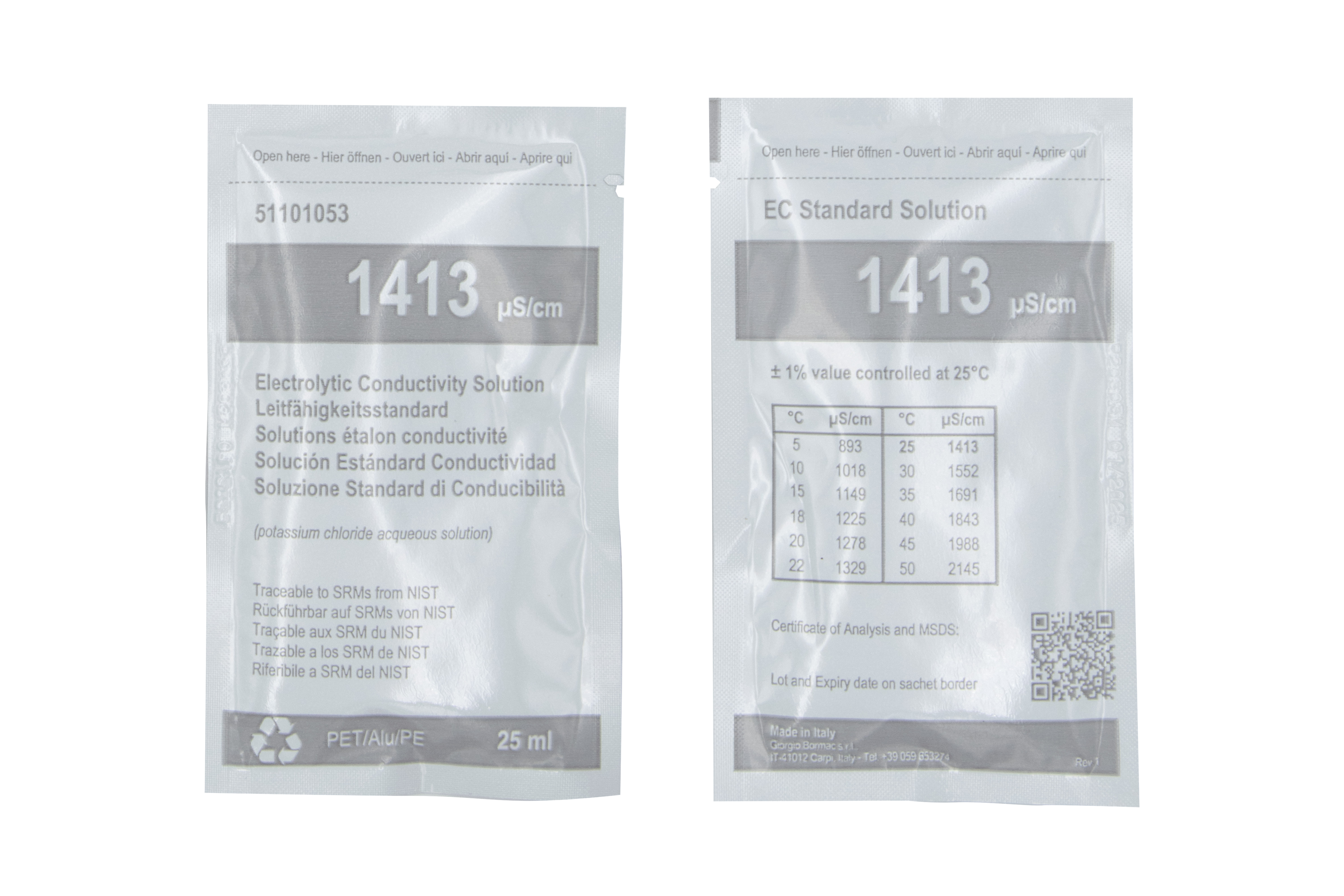 XS BASIC EC 1413 µS/cm (25°C) Kalibrierlösungspackung mit 20 Tüten à 25ml mit Analysenzertifikat