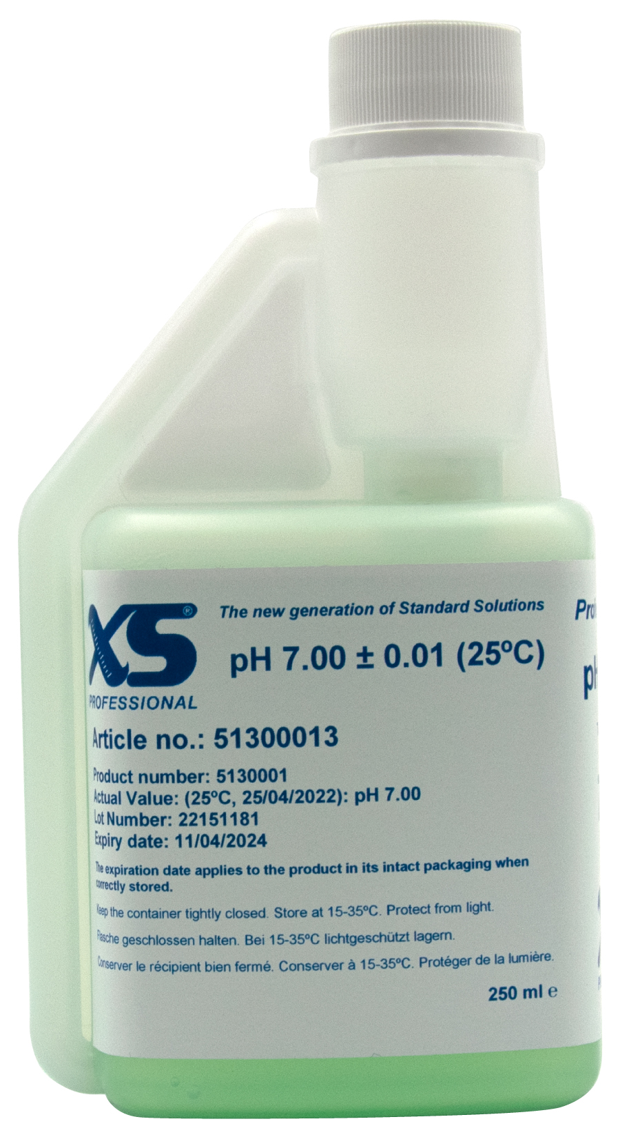 XS Professional pH 7.00 (±0,01pH @25°C) - 250ml pH Pufferlösung mit DAkkS Zertifikat pH 7.00 250ml Pufferlösung in grün, vordere Ansicht
