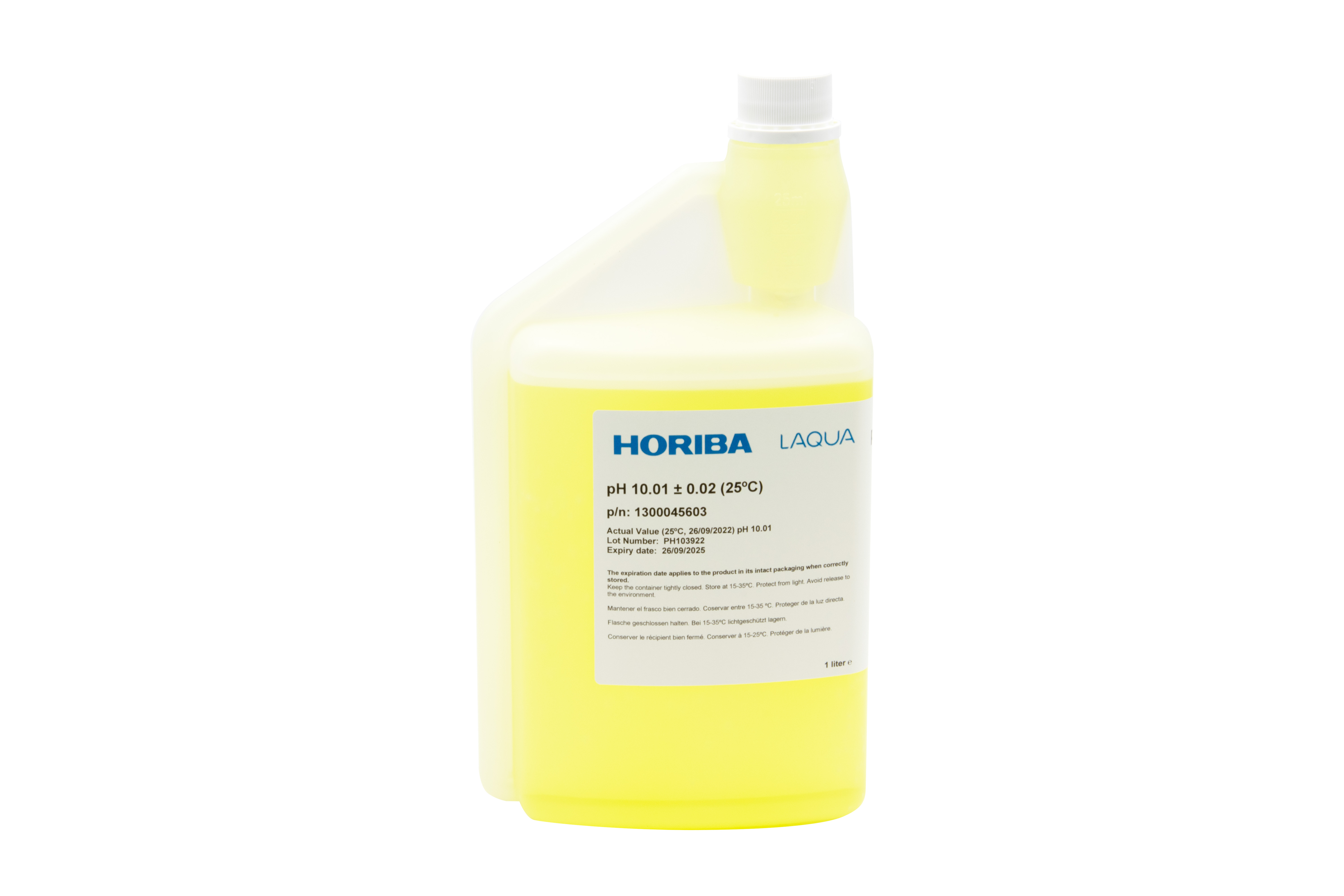HORIBA pH 10.01 Pufferlösung 1000ml Flasche Frontansicht, weißer Hygiene-Verschluss sichtbar, Kalibrierlösung zur Elektrodenprüfung, präzise pH-Pufferlösung, Labor- und Feldmessung geeignet