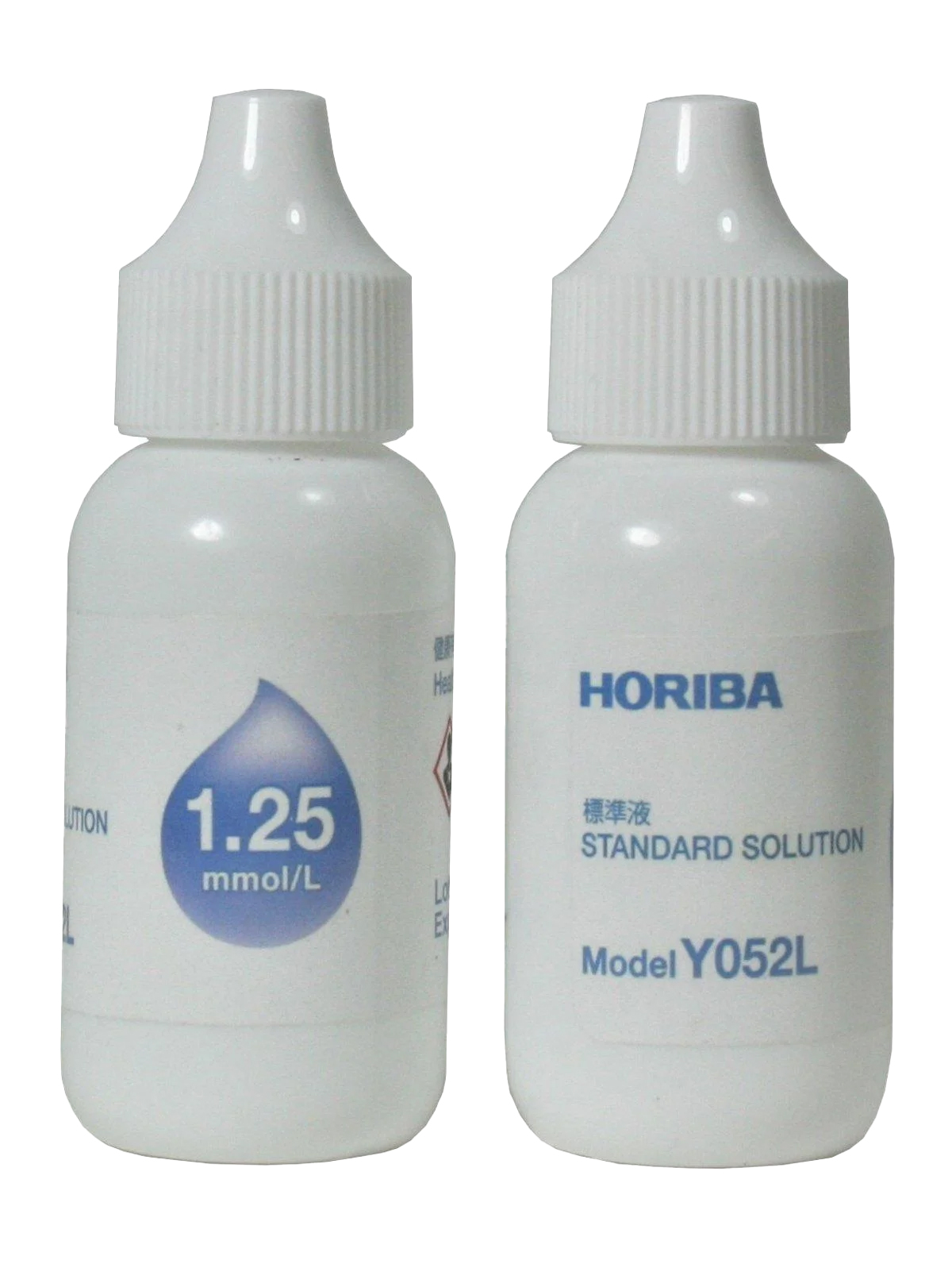 Horiba Standard Lösung Y052L, zwei weiße Fläschchen mit weißem Deckel Frontansicht, zur Kalibrierung vom LAQUAtwin Ca-11C Tester und die Konzentration 1.25 mmol/L für iCa (ionisiertes Calcium)